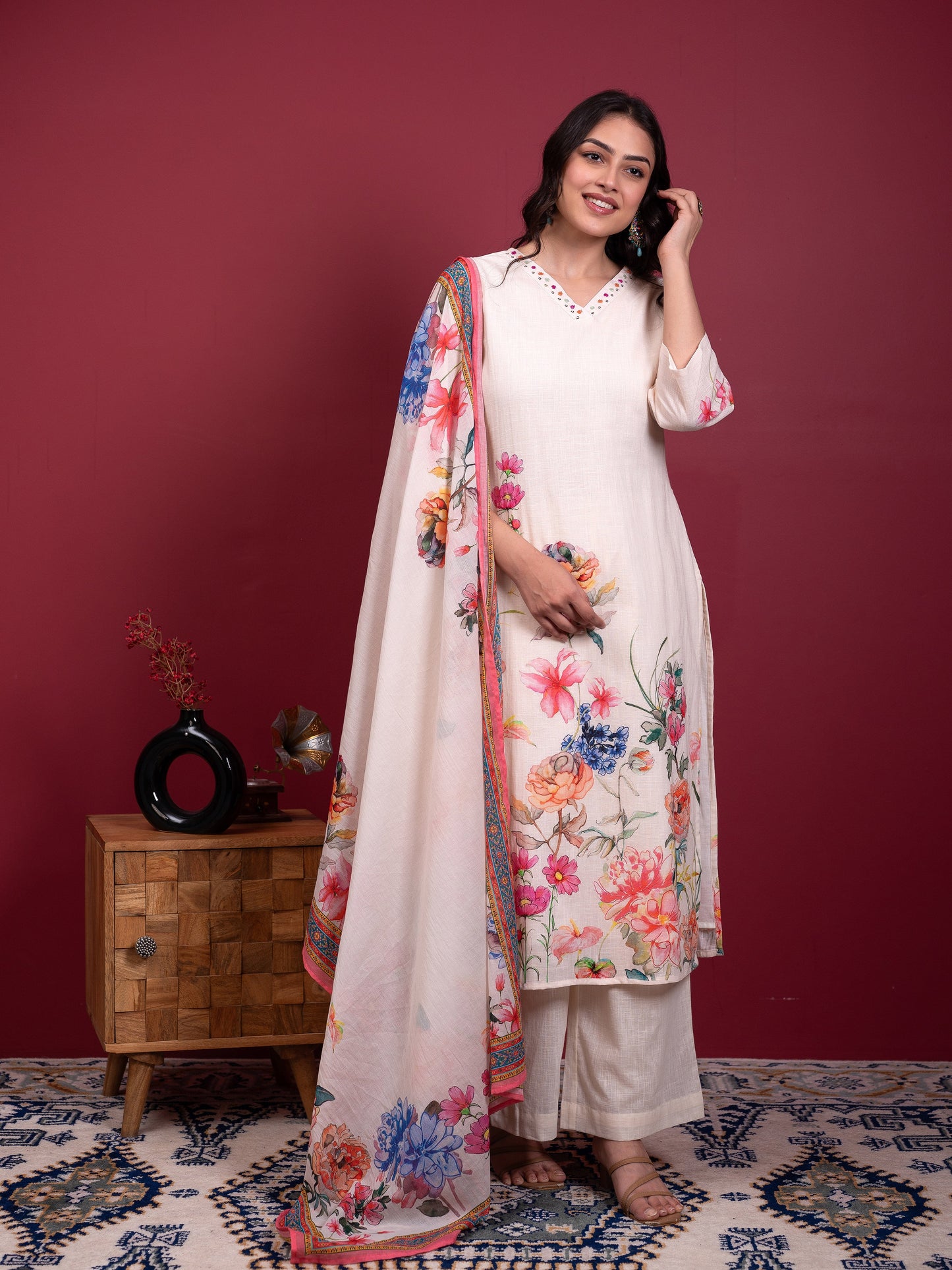 Cotton voile Placement Print Off White Dupatta