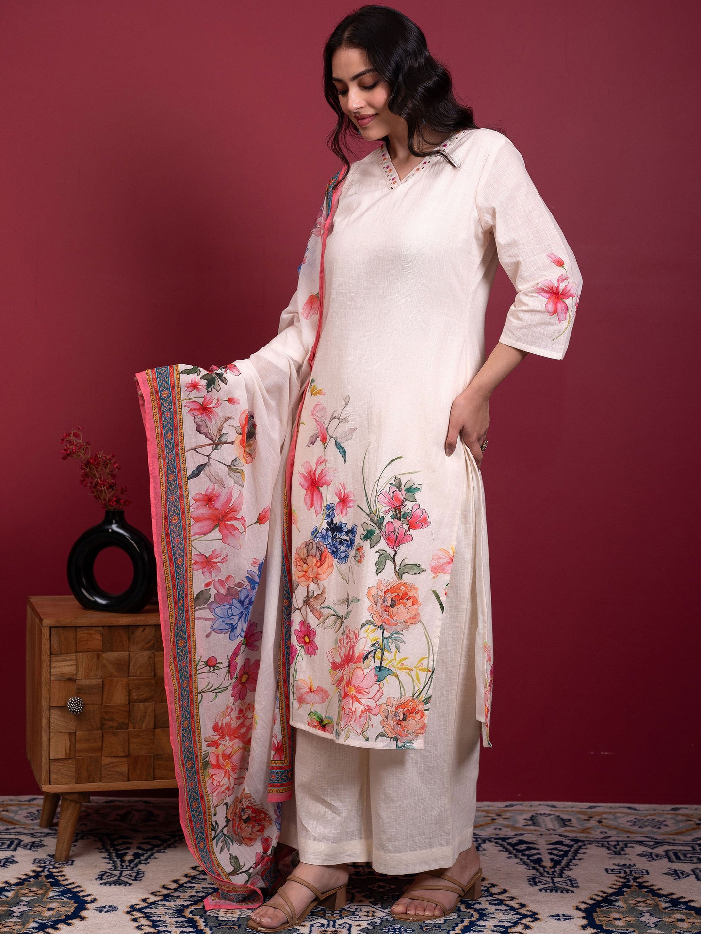 Cotton voile Placement Print Off White Dupatta