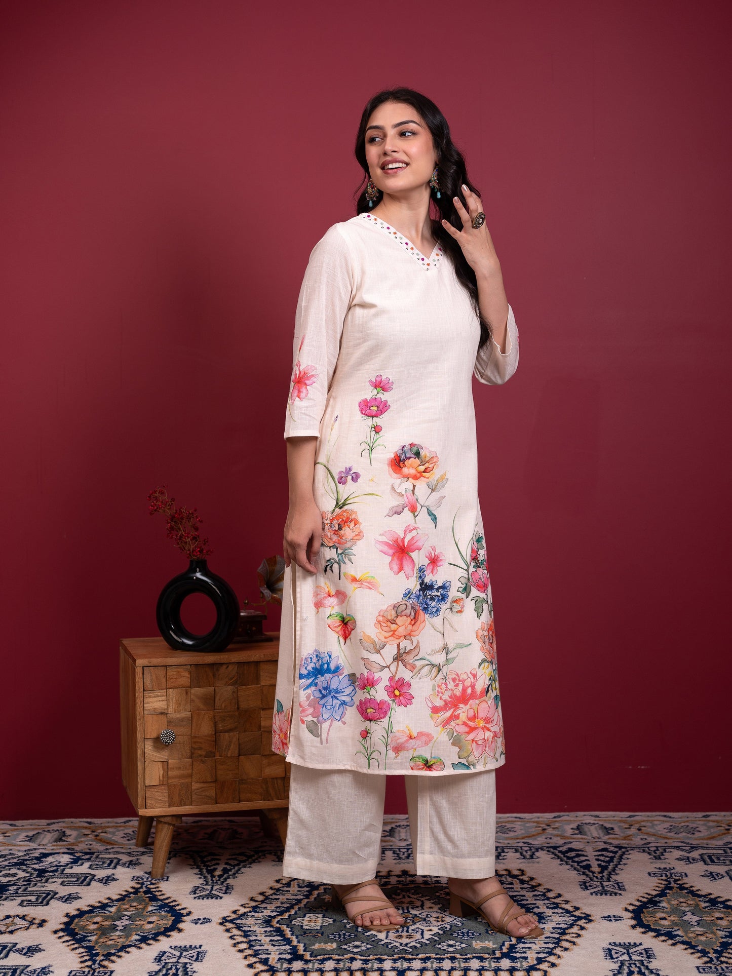 Embroidered Slub cotton Placement Print Straight Off White Kurta