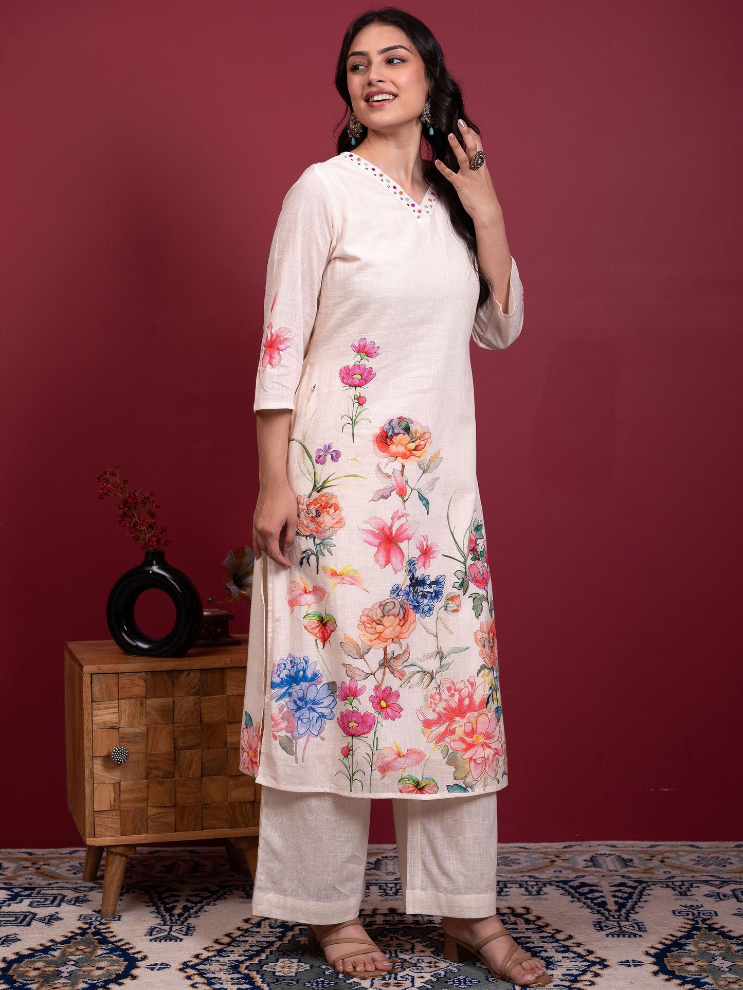 Embroidered Slub cotton Placement Print Straight Off White Kurta