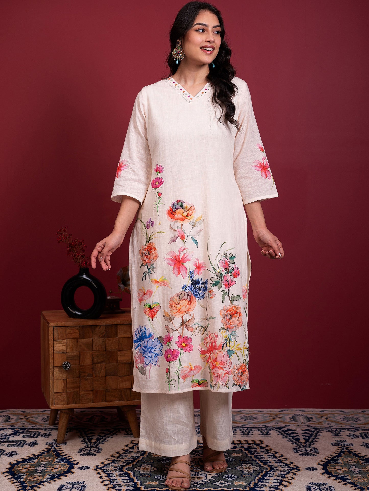 Embroidered Slub cotton Placement Print Straight Off White Kurta