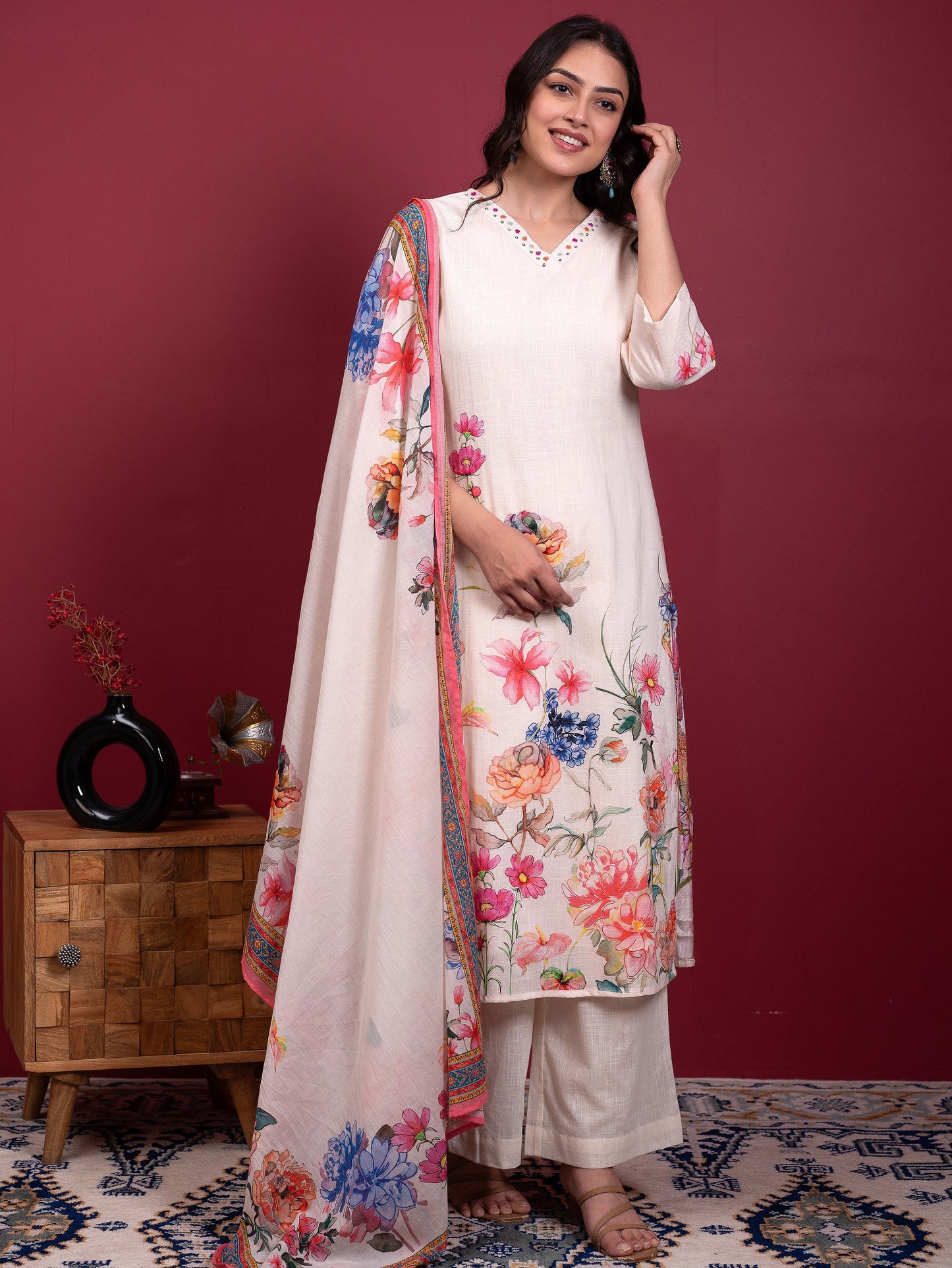 Embroidered Slub cotton Placement Print Straight Off White Kurta
