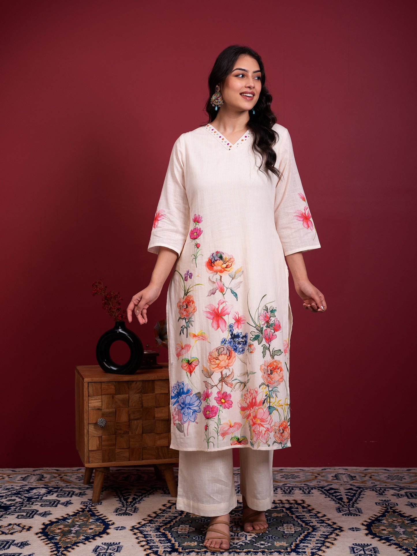 Embroidered Slub cotton Placement Print Straight Off White Kurta