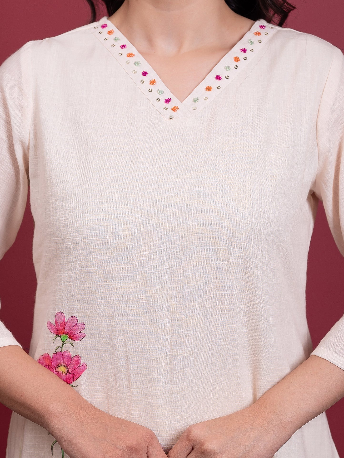Embroidered Slub cotton Placement Print Straight Off White Kurta
