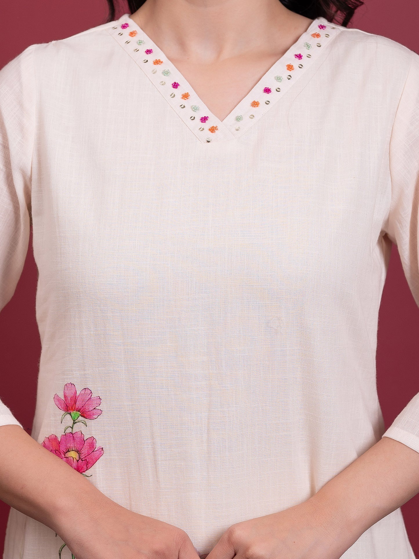 Embroidered Slub cotton Placement Print Straight Off White Kurta
