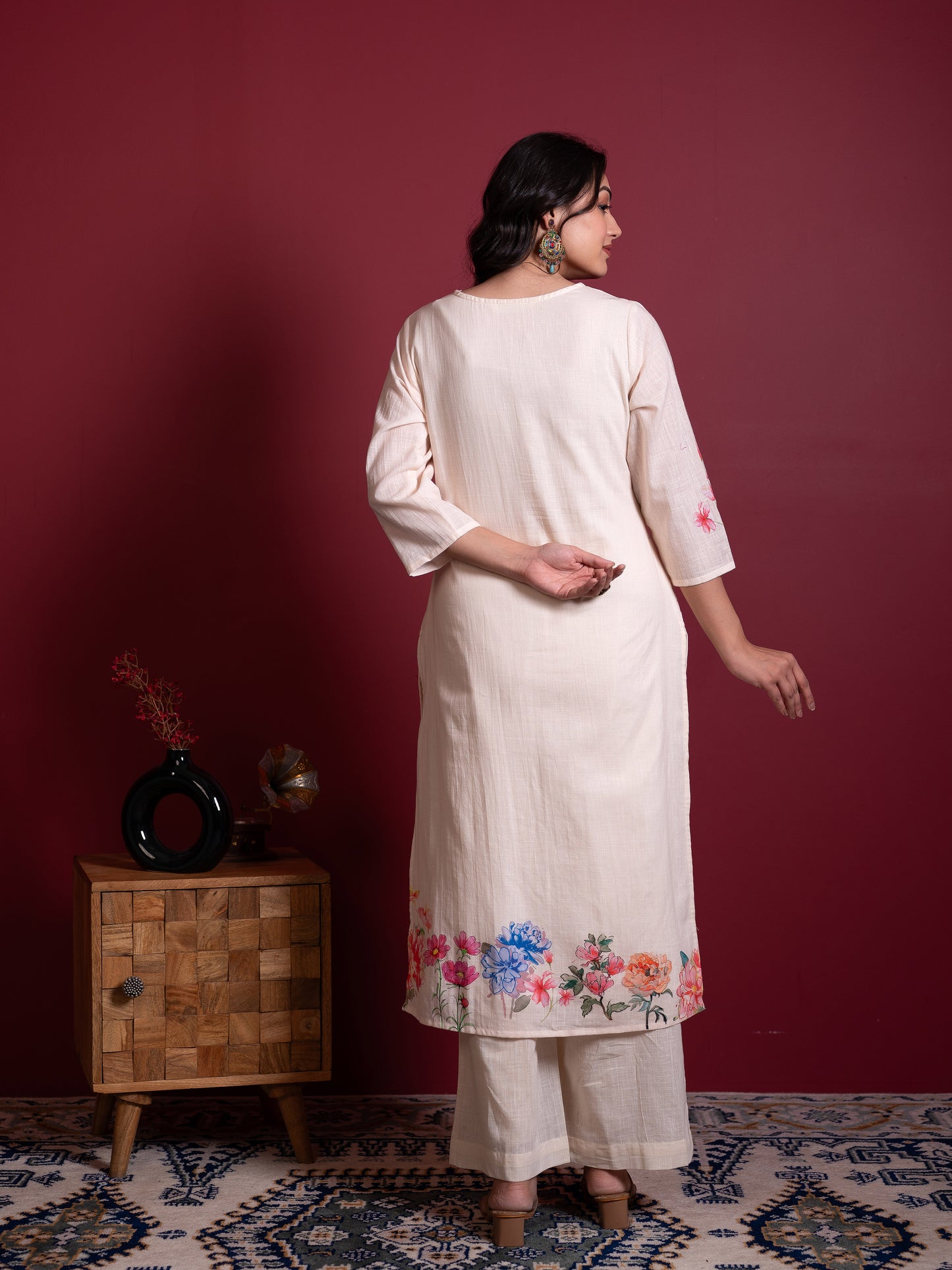 Embroidered Slub cotton Placement Print Straight Off White Kurta