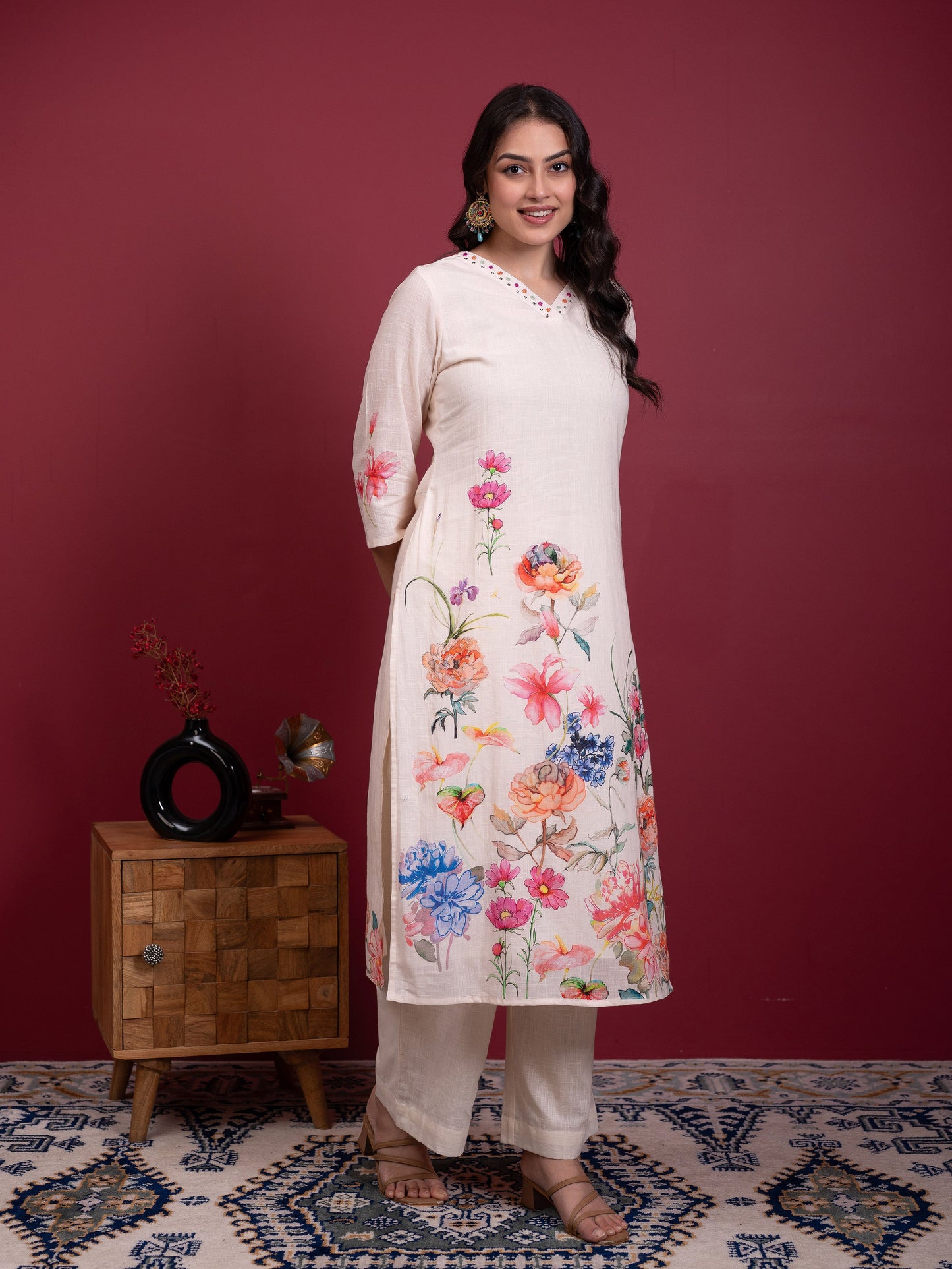 Embroidered Slub cotton Placement Print Straight Off White Kurta