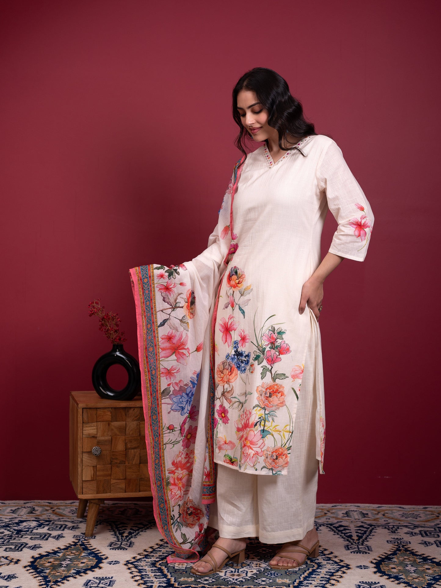 Embroidered Slub cotton Placement Print Straight Off White Kurta