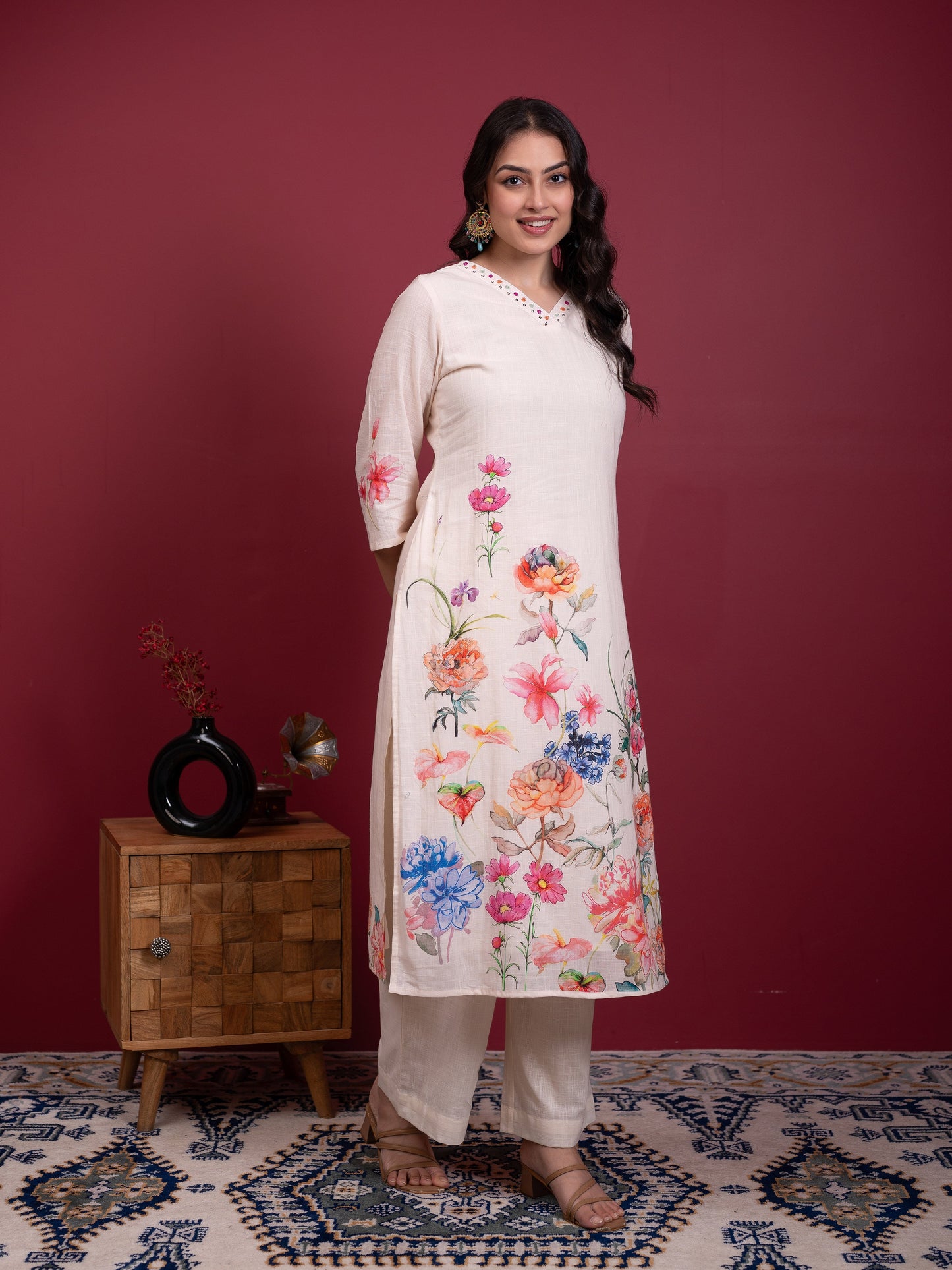 Embroidered Slub cotton Placement Print Straight Off White Kurta