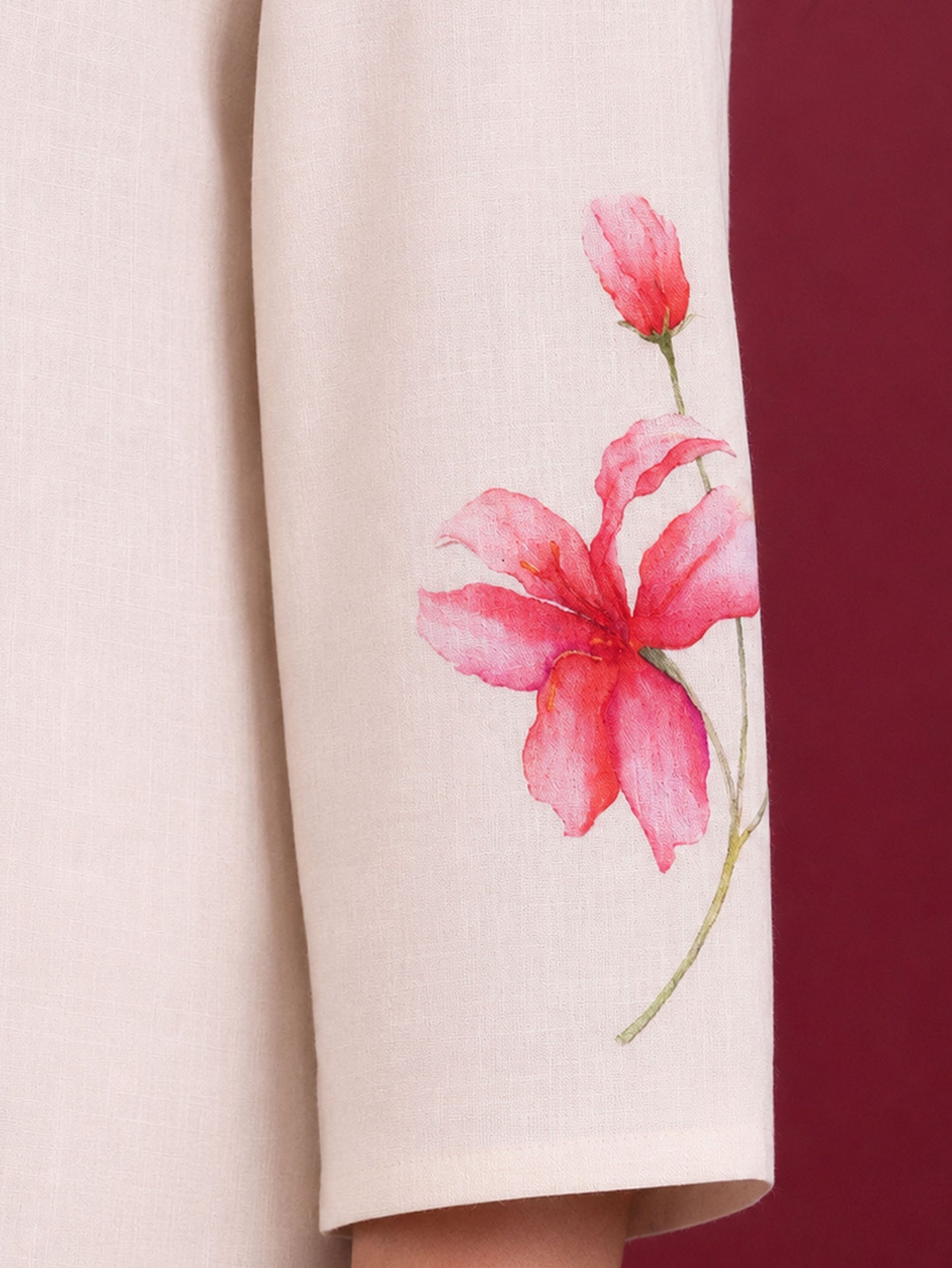 Embroidered Slub cotton Placement Print Straight Off White Kurta