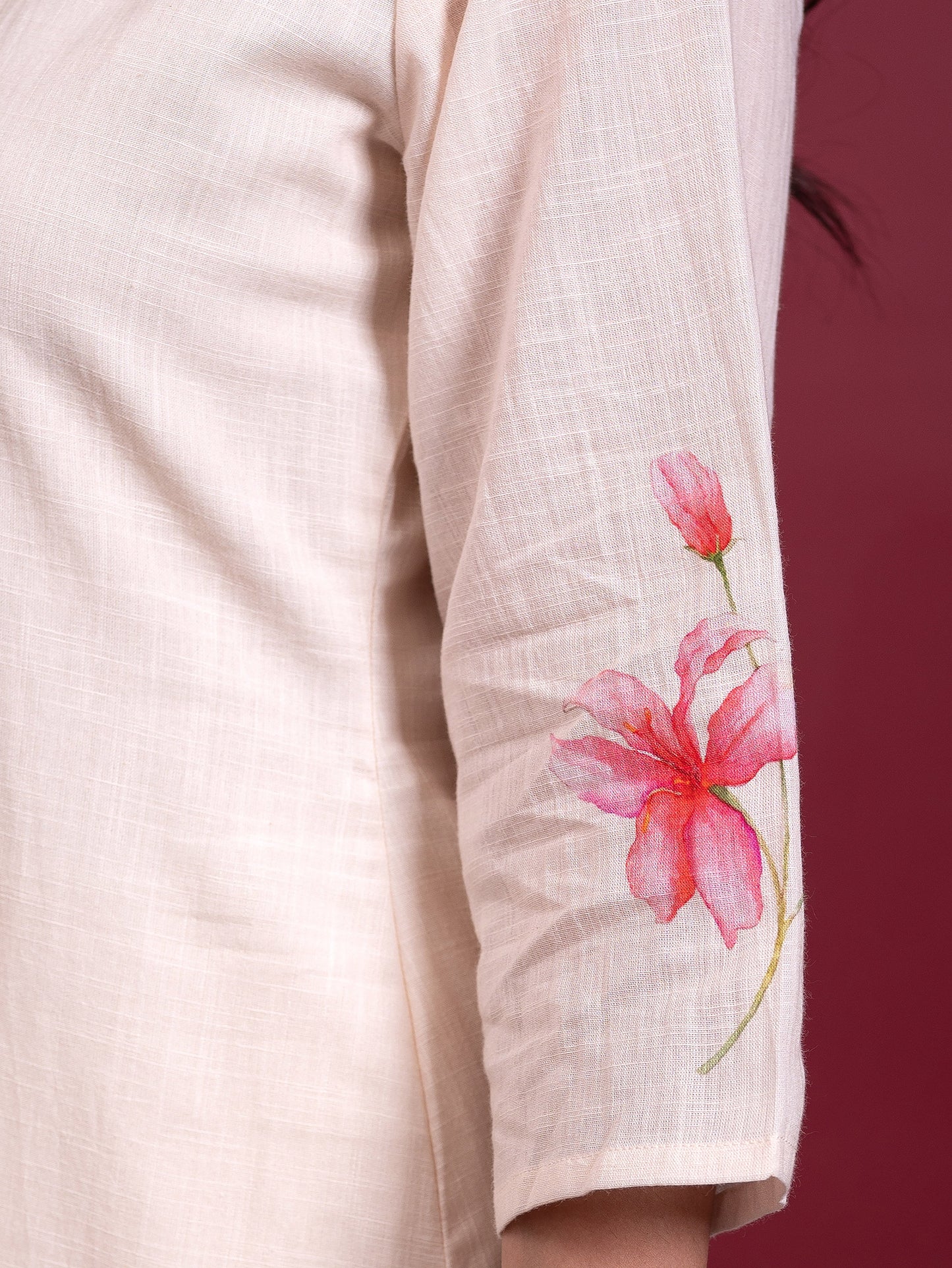 Embroidered Slub cotton Placement Print Straight Off White Kurta