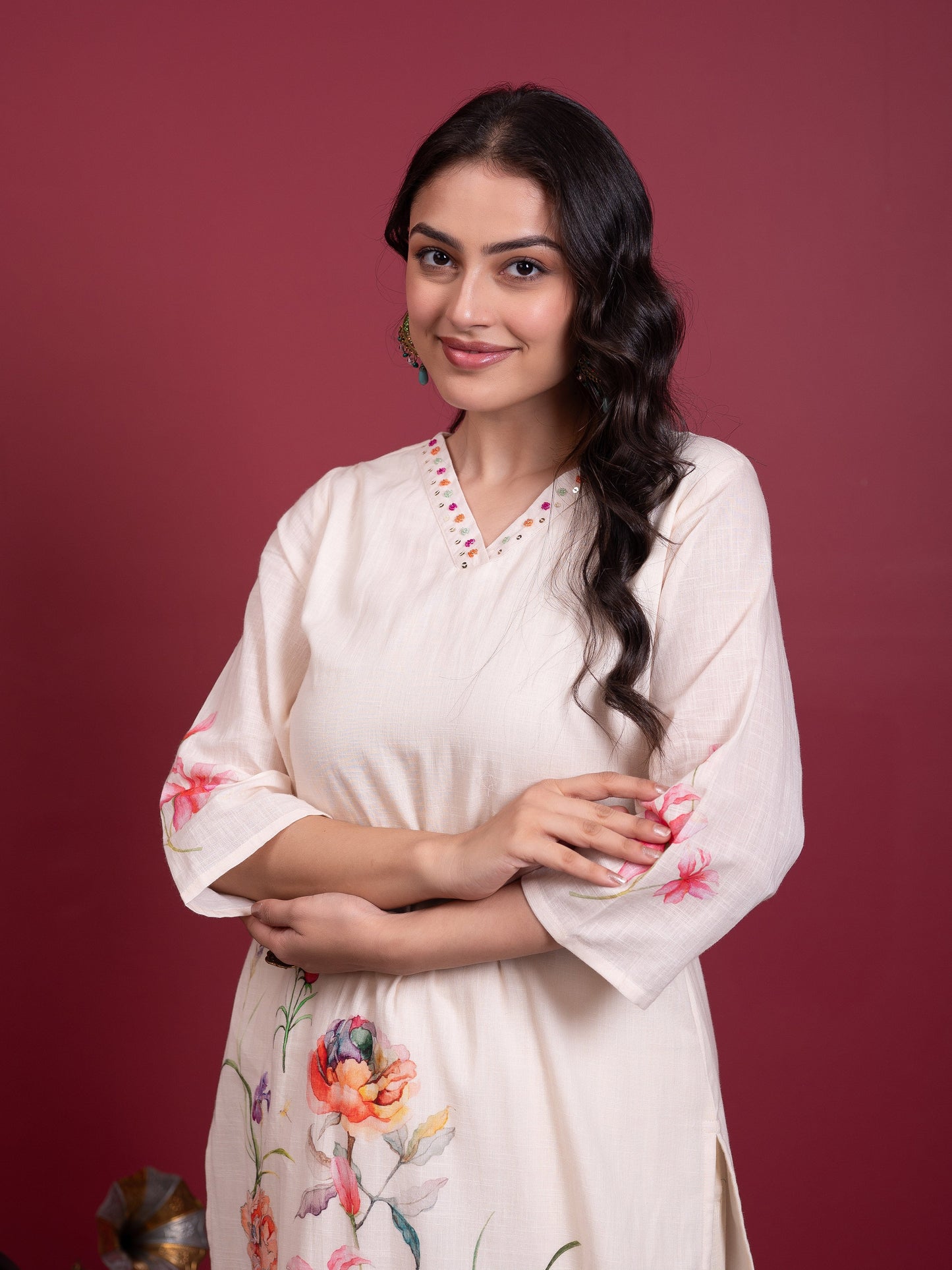 Embroidered Slub cotton Placement Print Straight Off White Kurta
