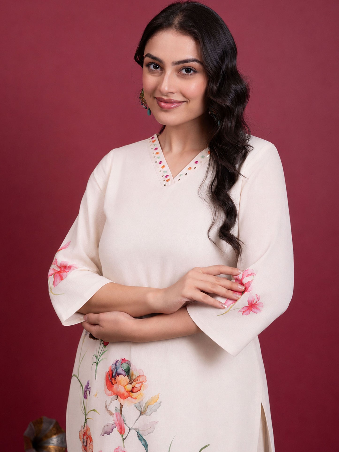 Embroidered Slub cotton Placement Print Straight Off White Kurta