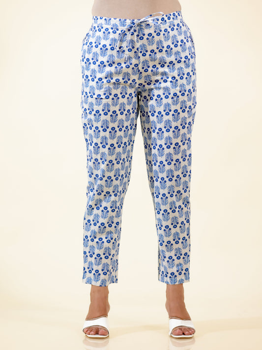 Soft Cotton Floral Blue Tapered Trousers