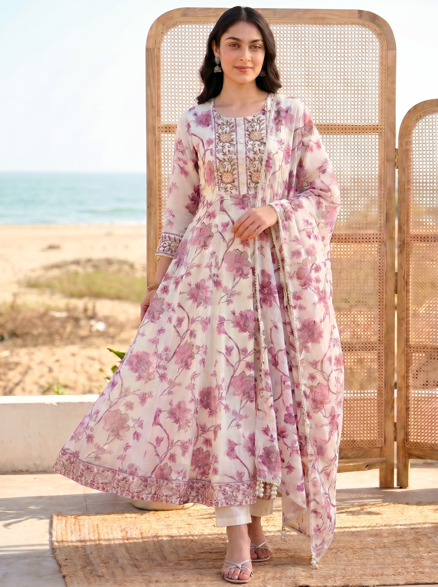 Soft cotton Floral Anarkali Off White Kurta