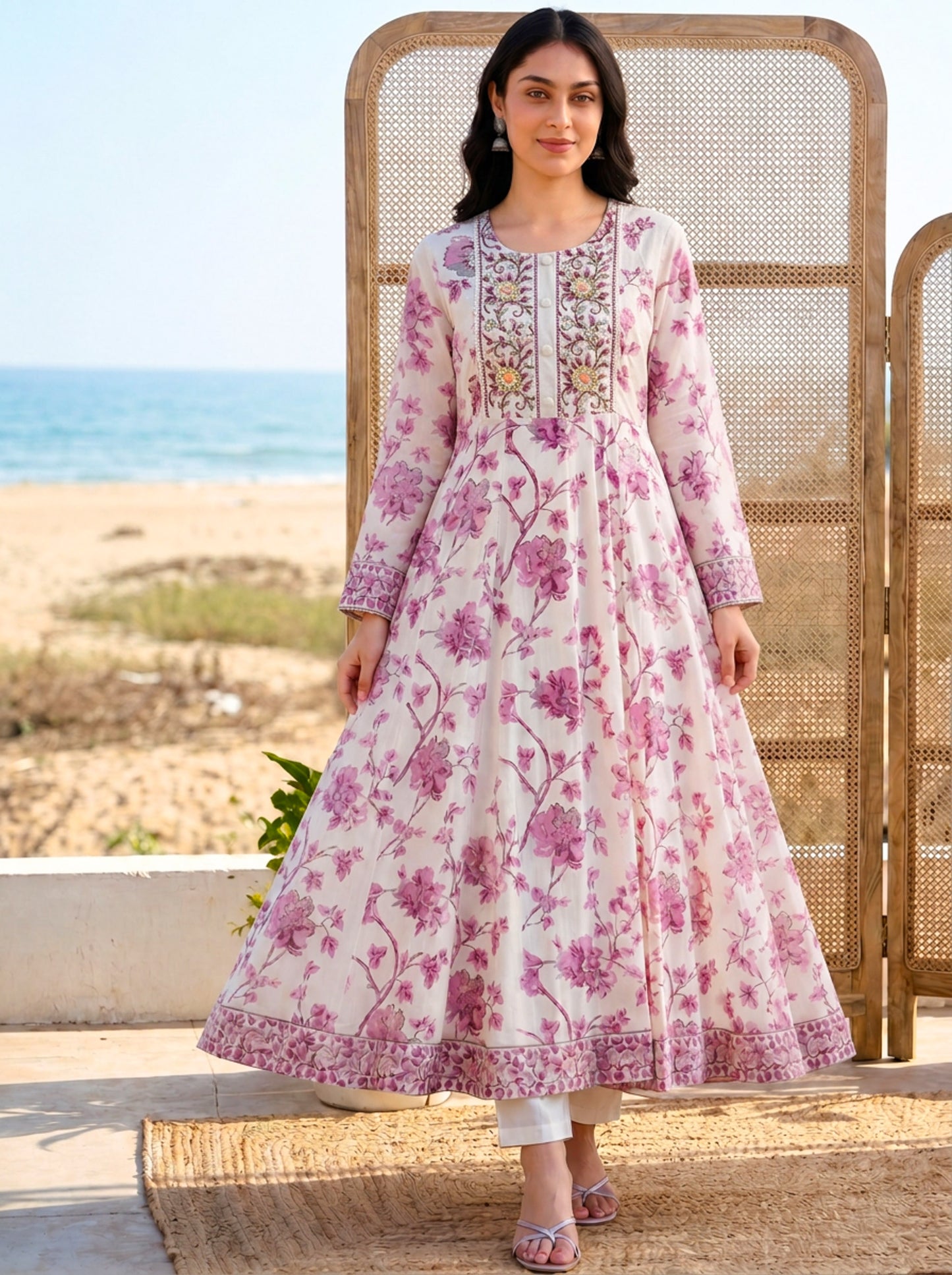 Soft cotton Floral Anarkali Off White Kurta