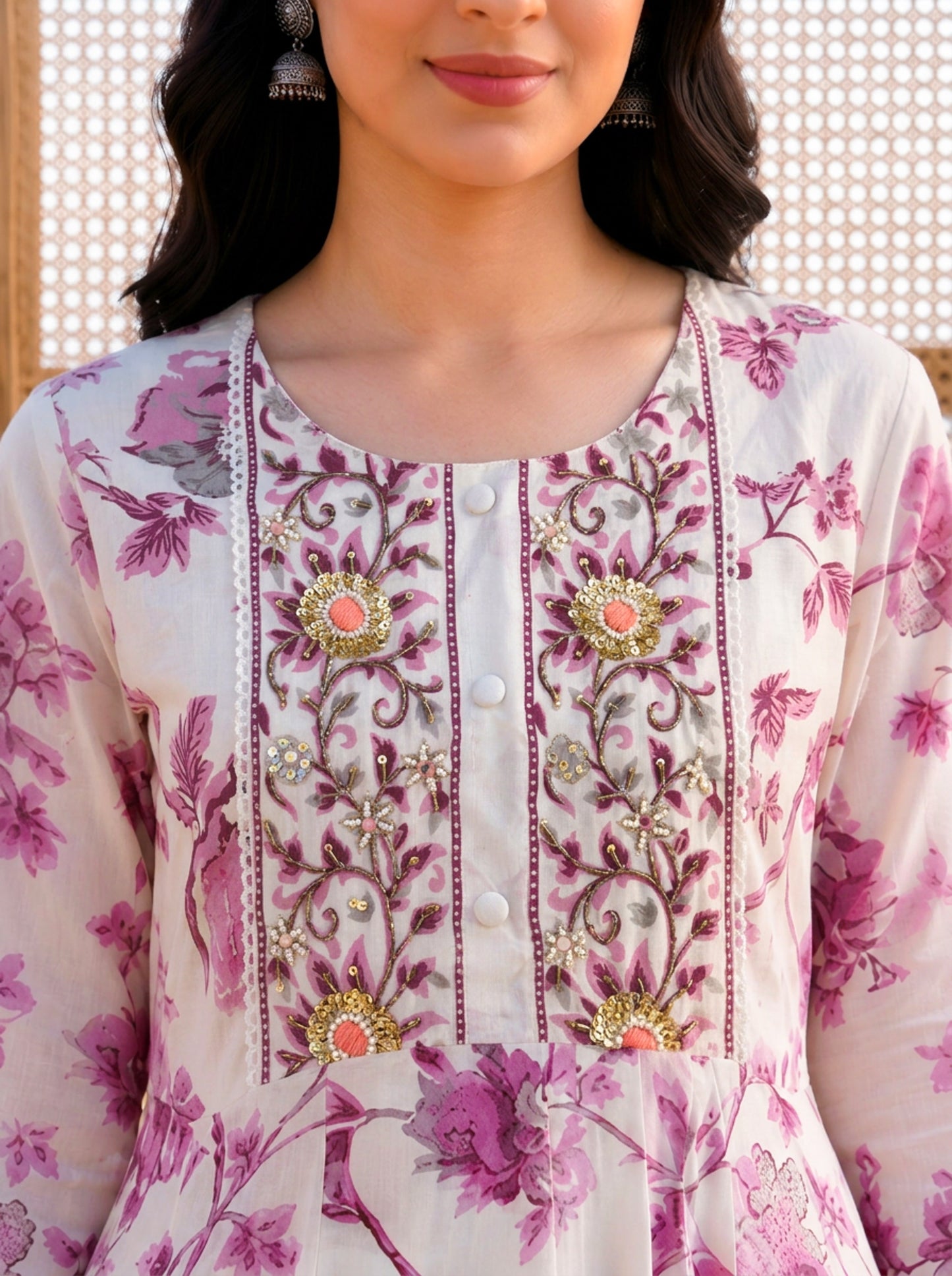 Soft cotton Floral Anarkali Off White Kurta