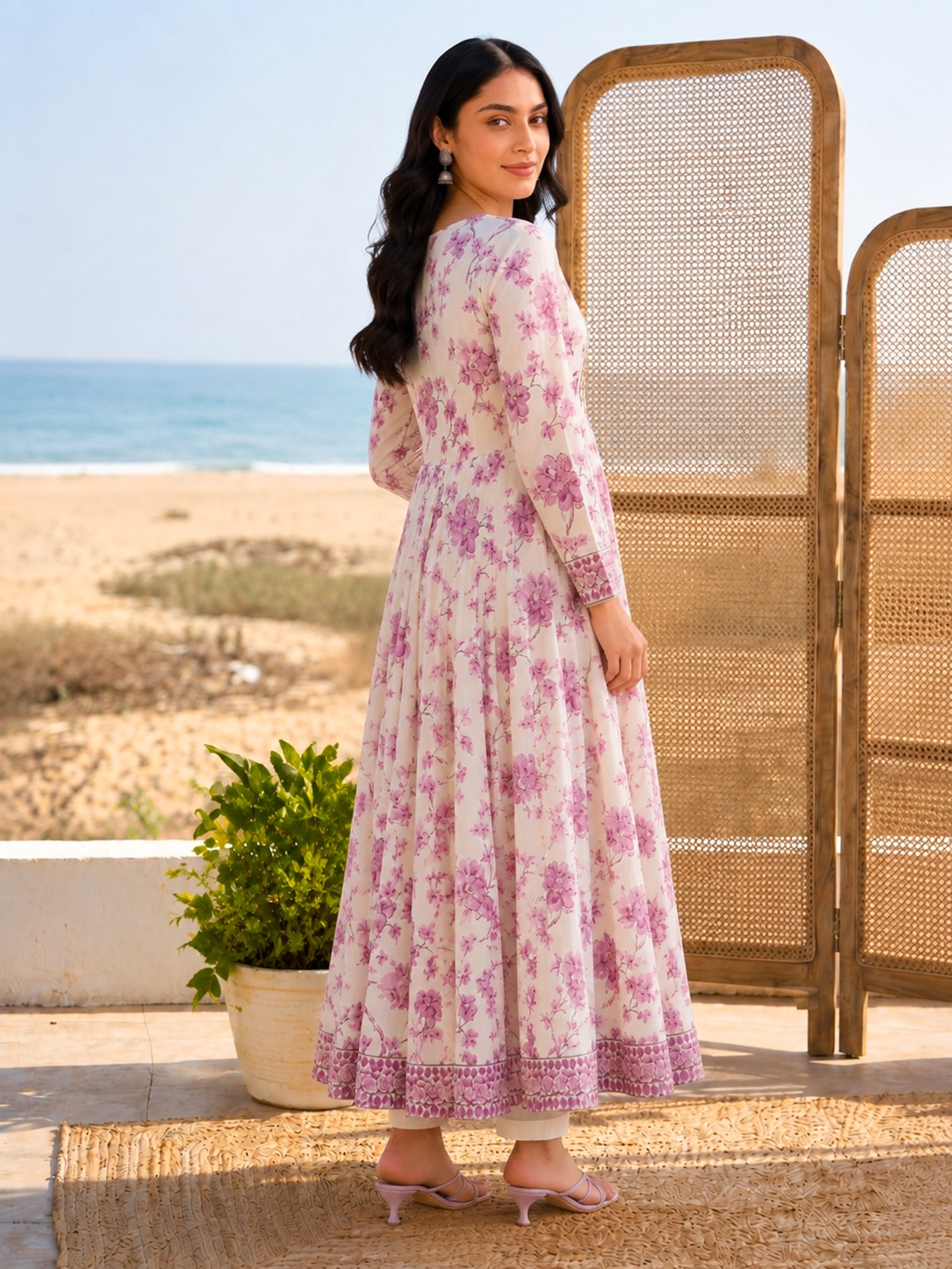 Soft cotton Floral Anarkali Off White Kurta