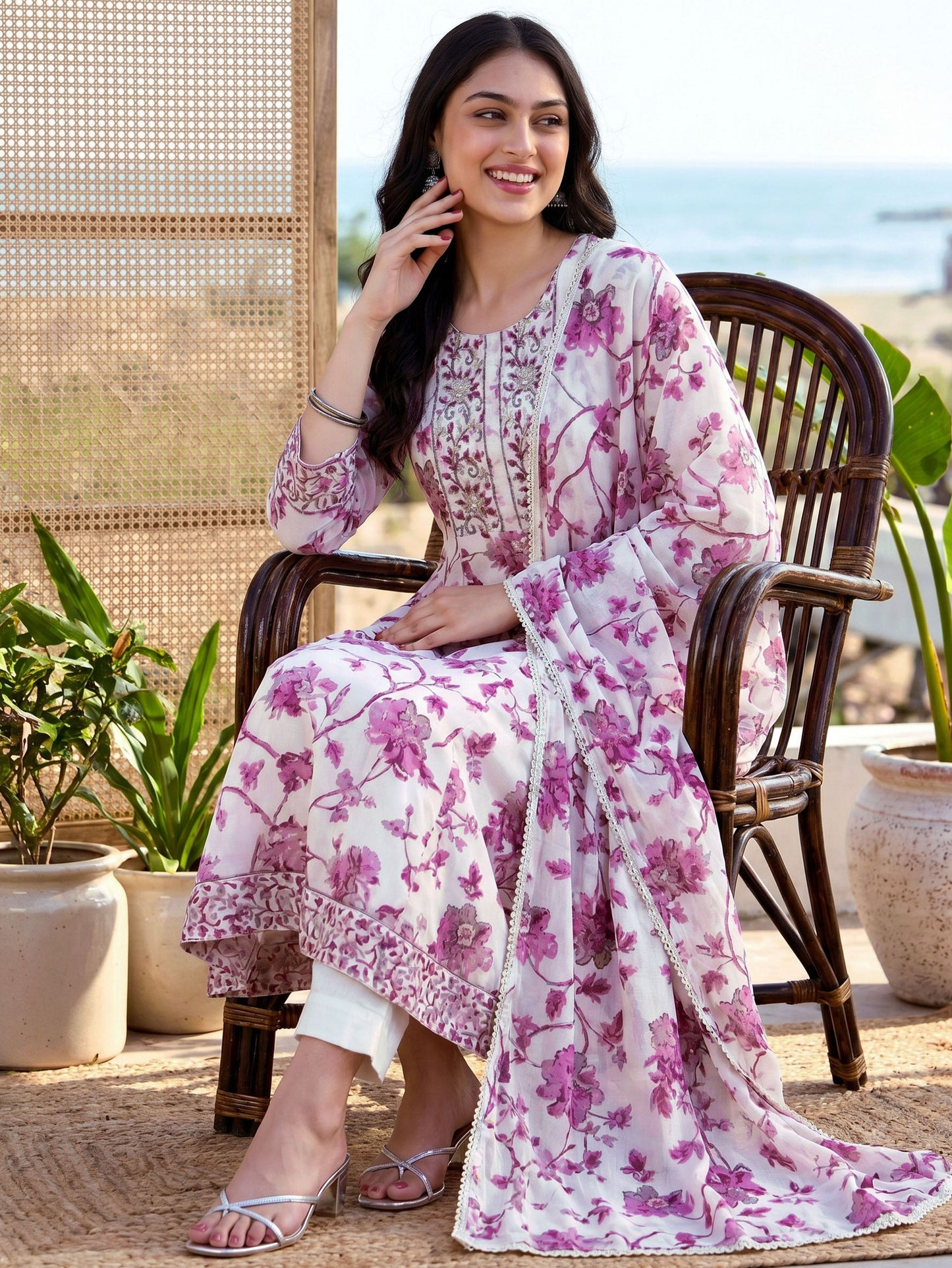 Soft cotton Floral Anarkali Off White Kurta