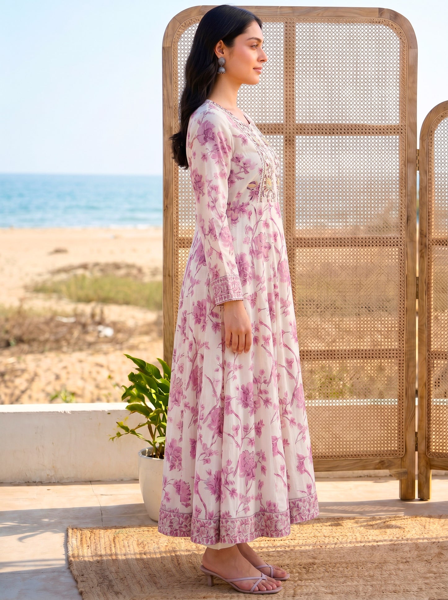 Soft cotton Floral Anarkali Off White Kurta