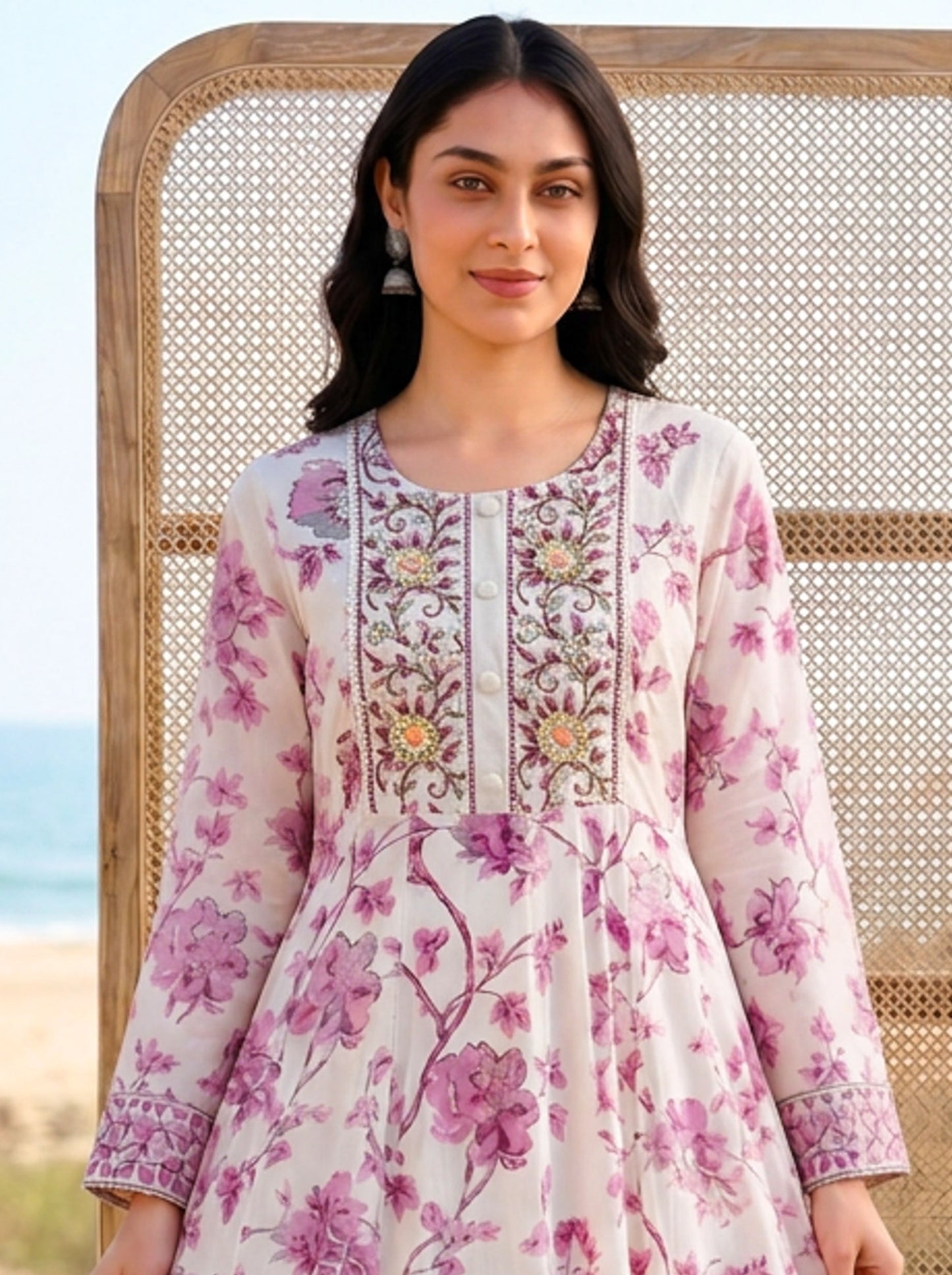 Soft cotton Floral Anarkali Off White Kurta