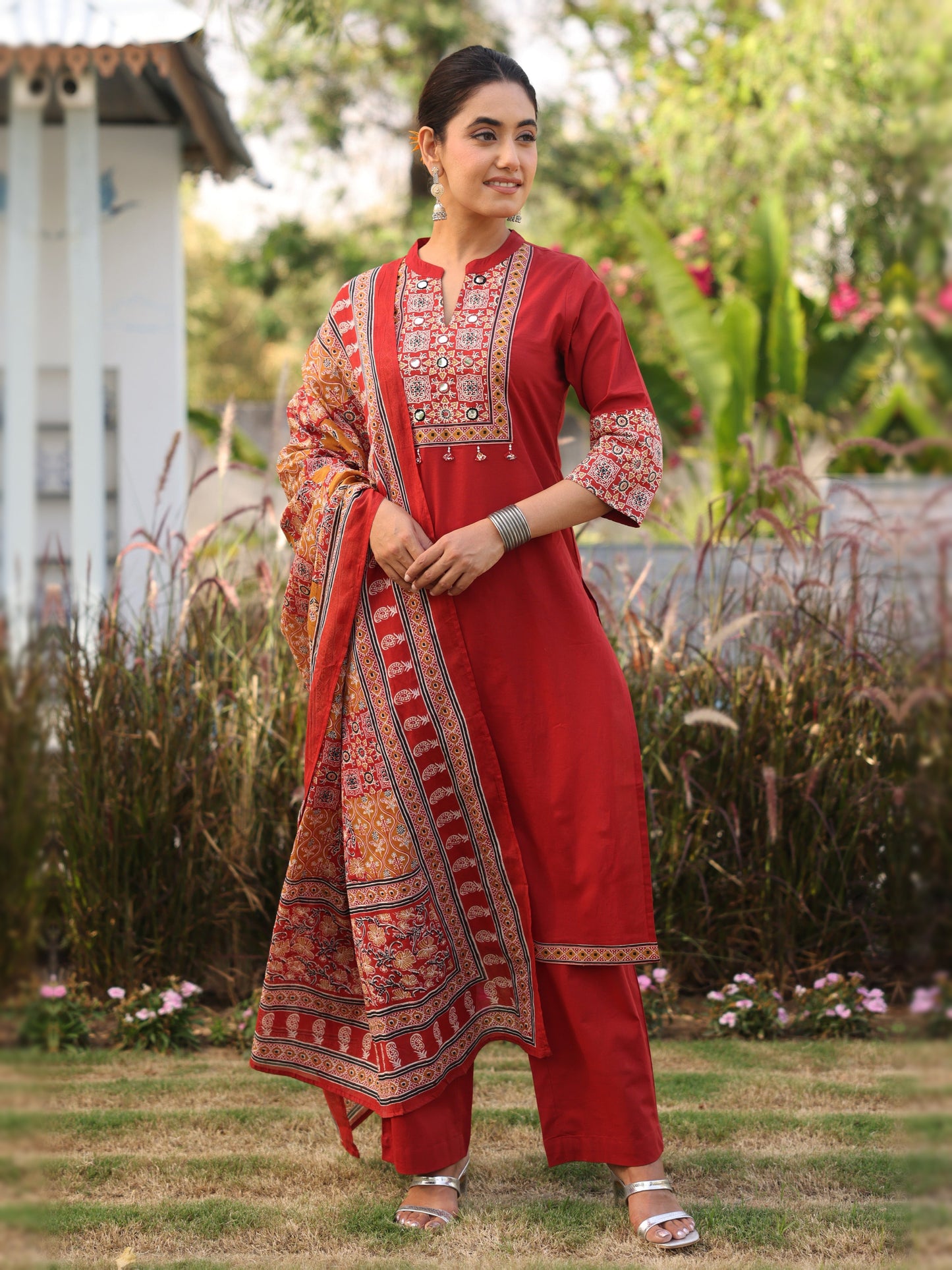 Embroidered Soft cotton Solid Straight Rust Kurta