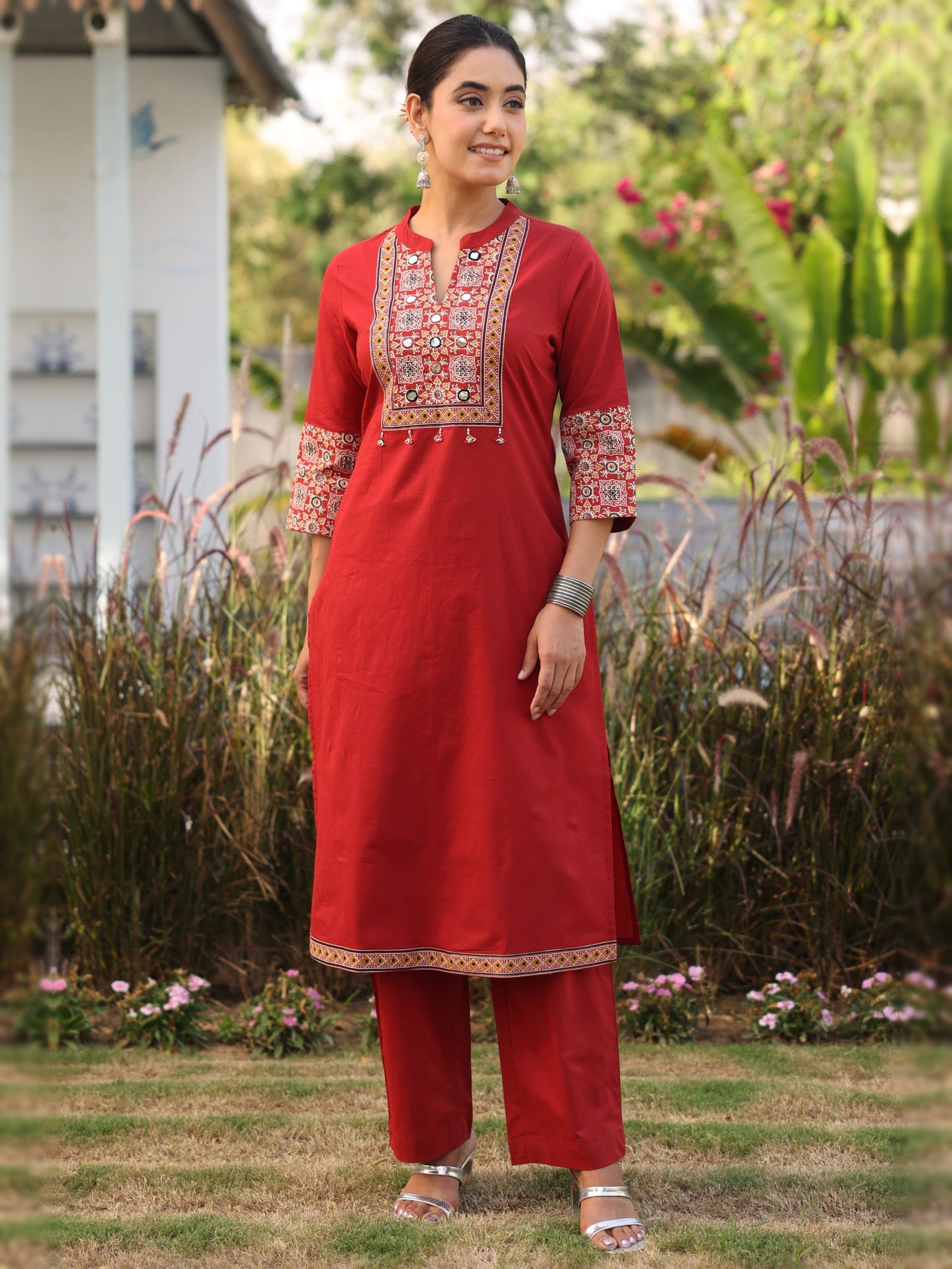 Embroidered Soft cotton Solid Straight Rust Kurta