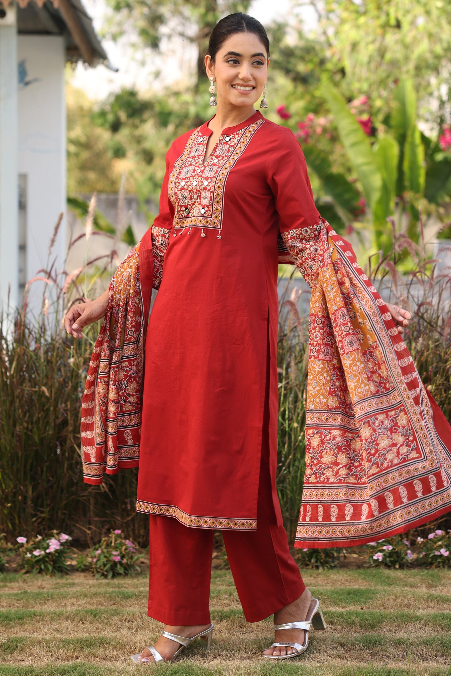Embroidered Soft cotton Solid Straight Rust Kurta