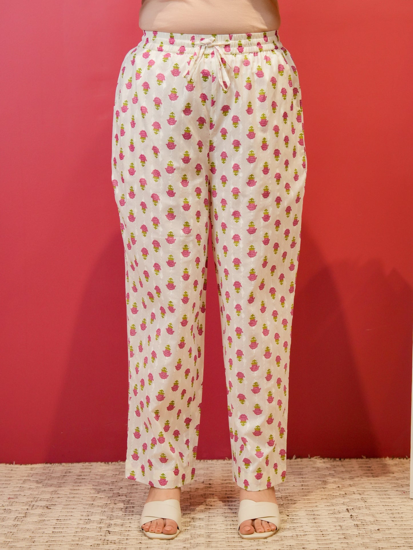 Soft Cotton Butta White Straight Trousers