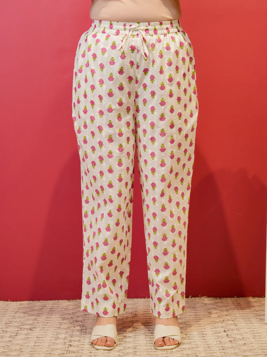 Soft Cotton Butta White Straight Trousers