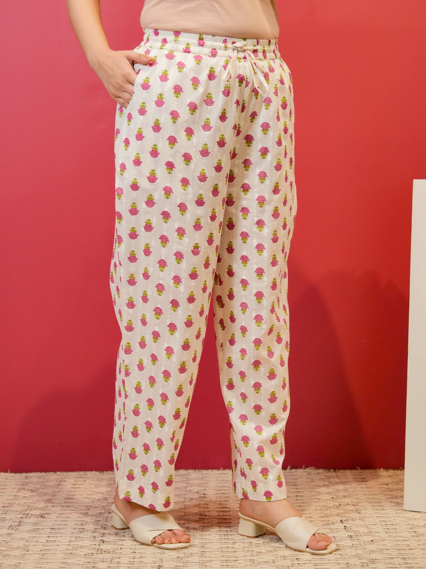 Soft Cotton Butta White Straight Trousers