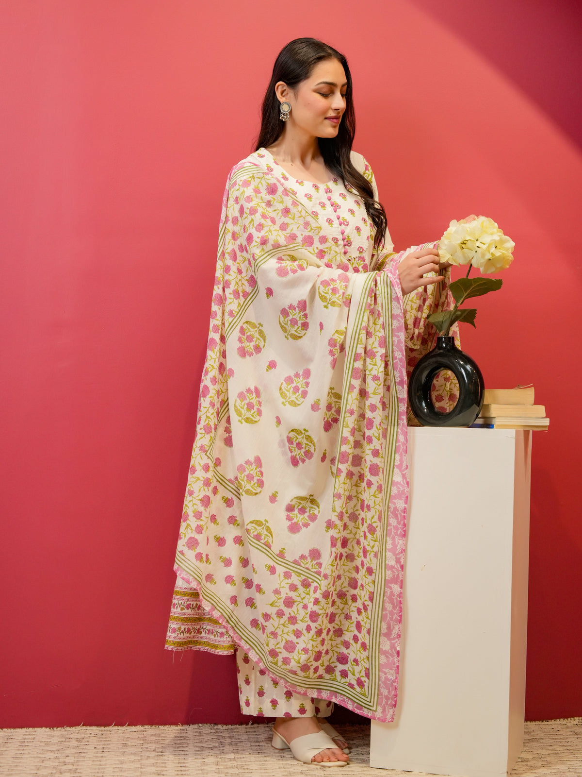 Embroidered Soft Cotton Butta Anarkali White Kurta