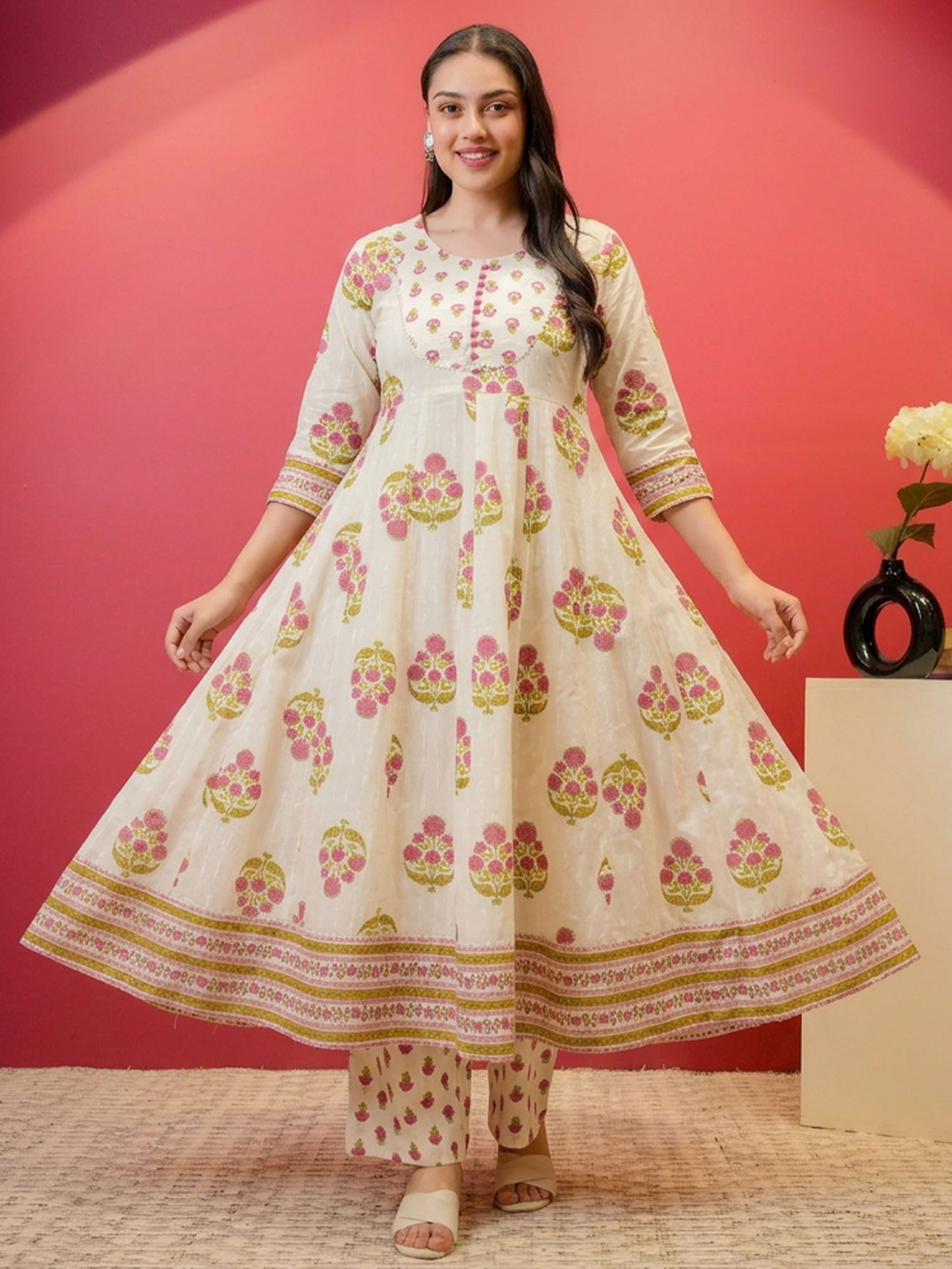 Embroidered Soft Cotton Butta Anarkali White Kurta