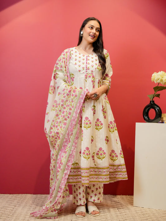 Embroidered Soft Cotton Butta Anarkali White Kurta