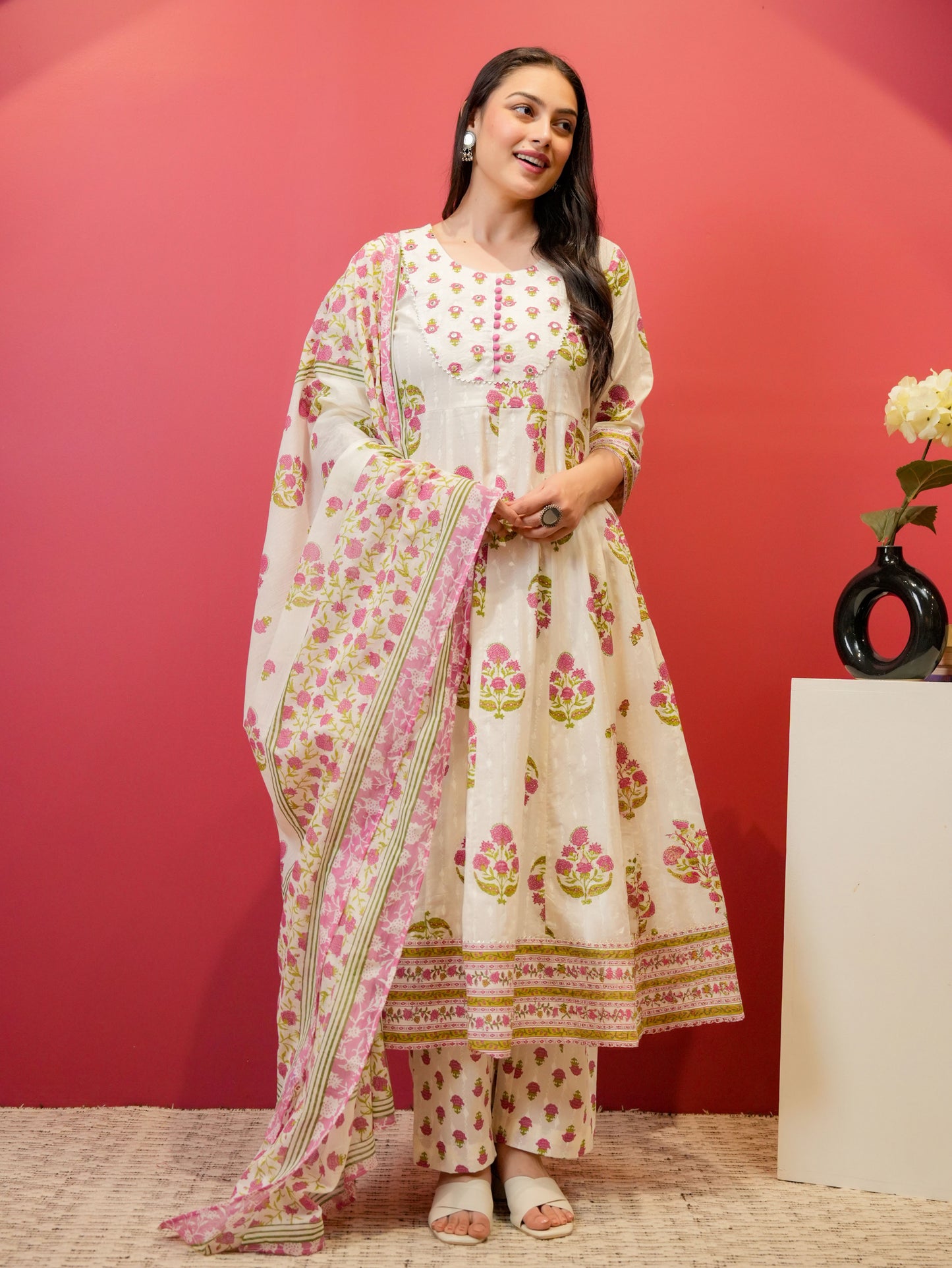 Embroidered Soft Cotton Butta Anarkali White Kurta