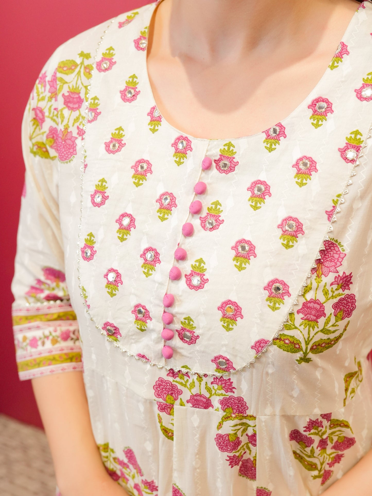 Embroidered Soft Cotton Butta Anarkali White Kurta