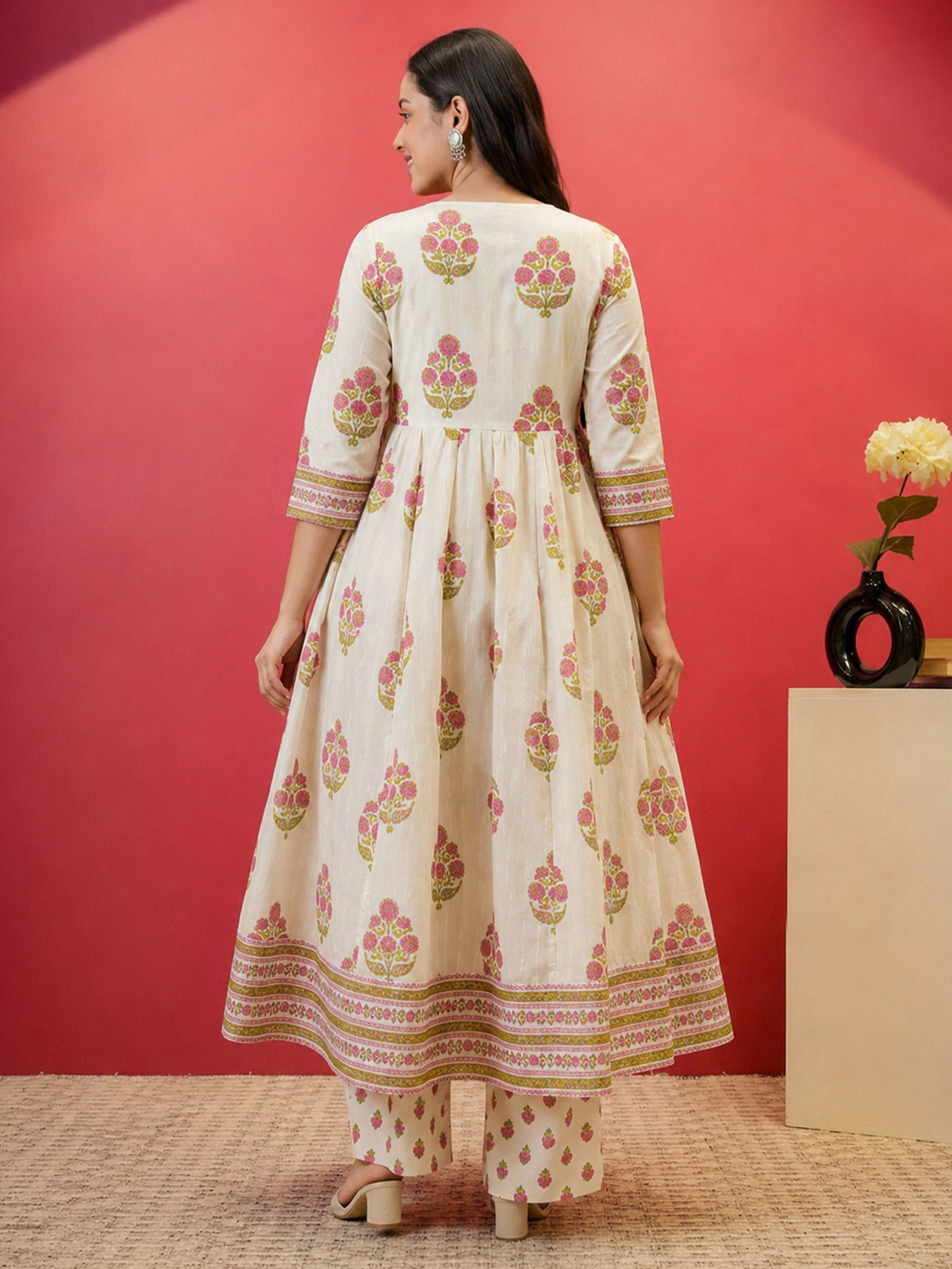 Embroidered Soft Cotton Butta Anarkali White Kurta