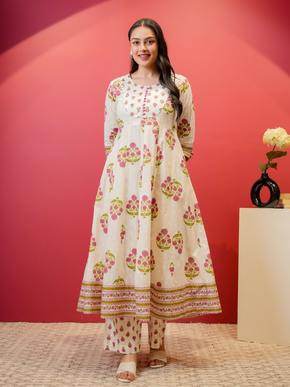 Embroidered Soft Cotton Butta Anarkali White Kurta