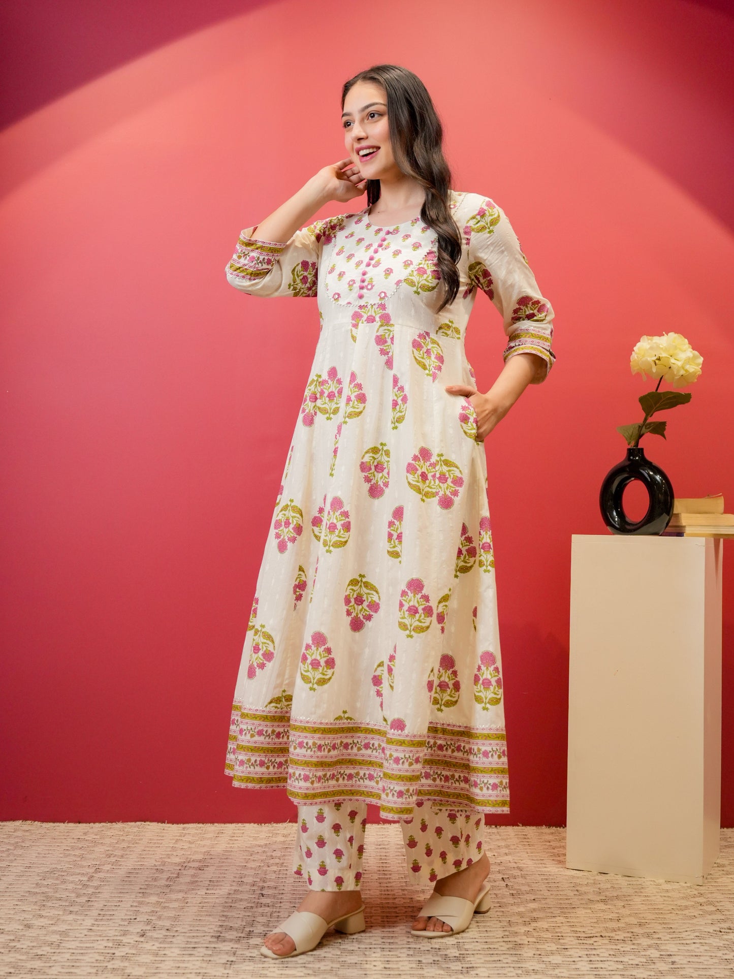 Embroidered Soft Cotton Butta Anarkali White Kurta