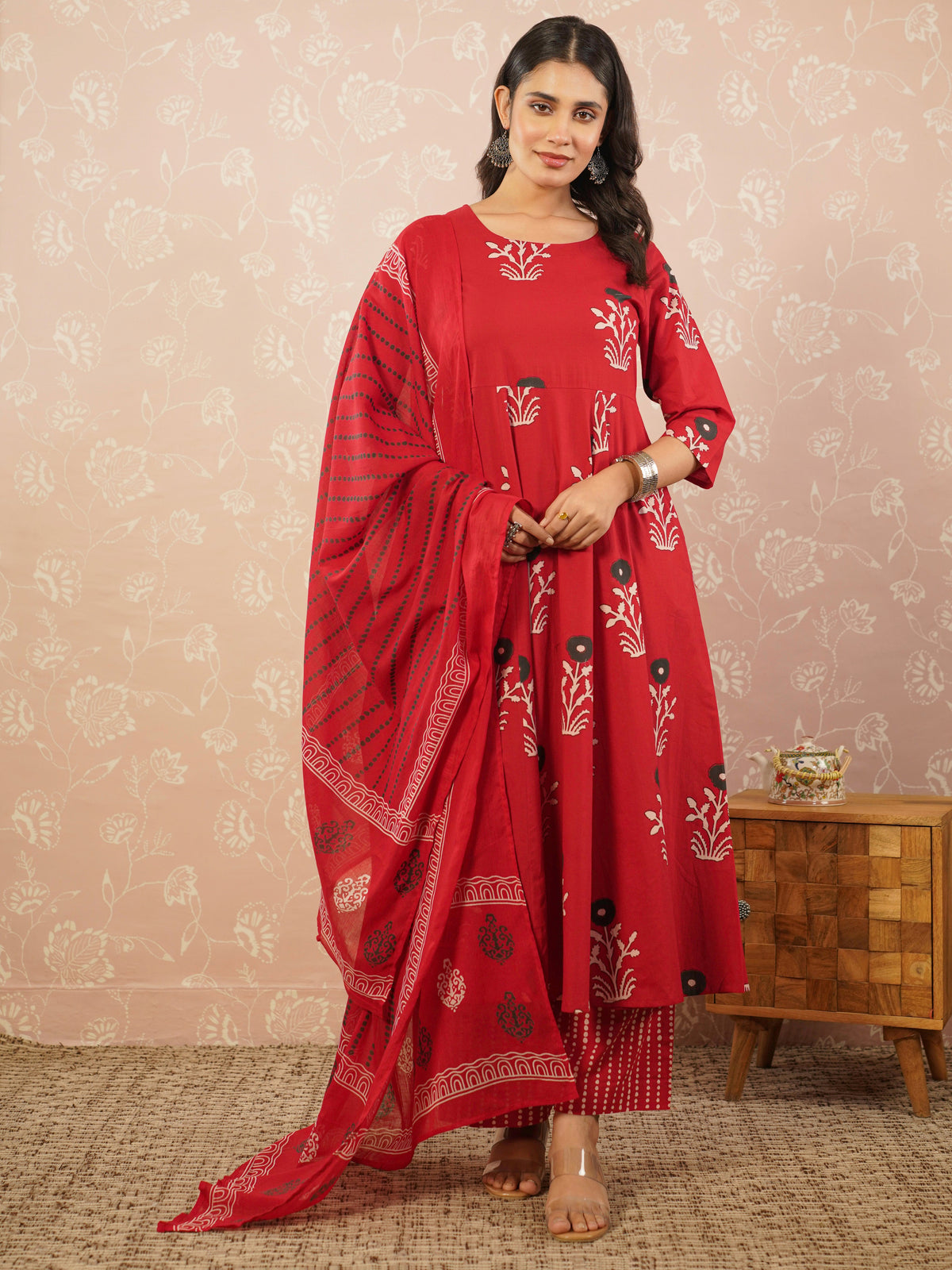 cotton voile striped anarkali red dupatta