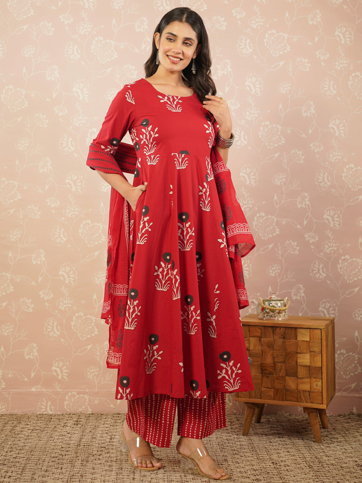 cotton voile striped anarkali red dupatta