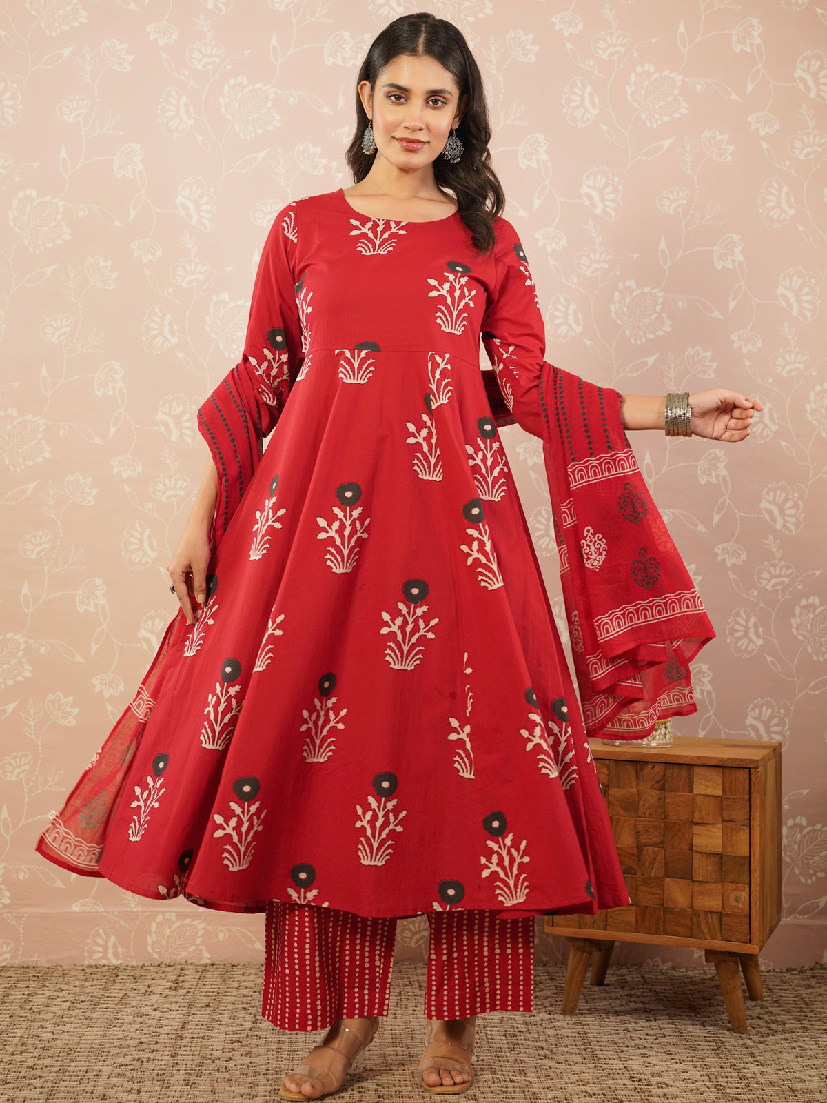cotton voile striped anarkali red dupatta
