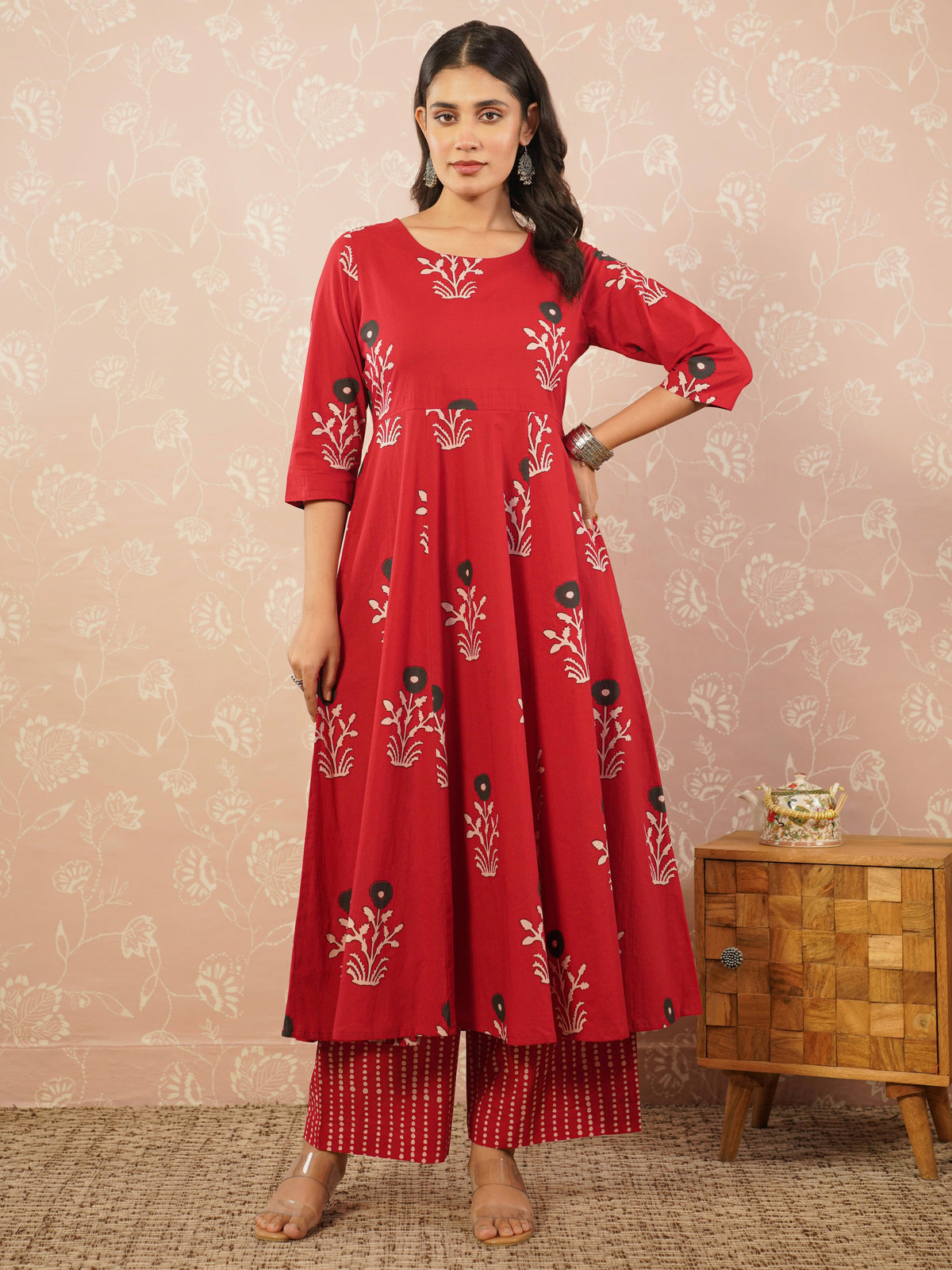 soft cotton floral red kurta