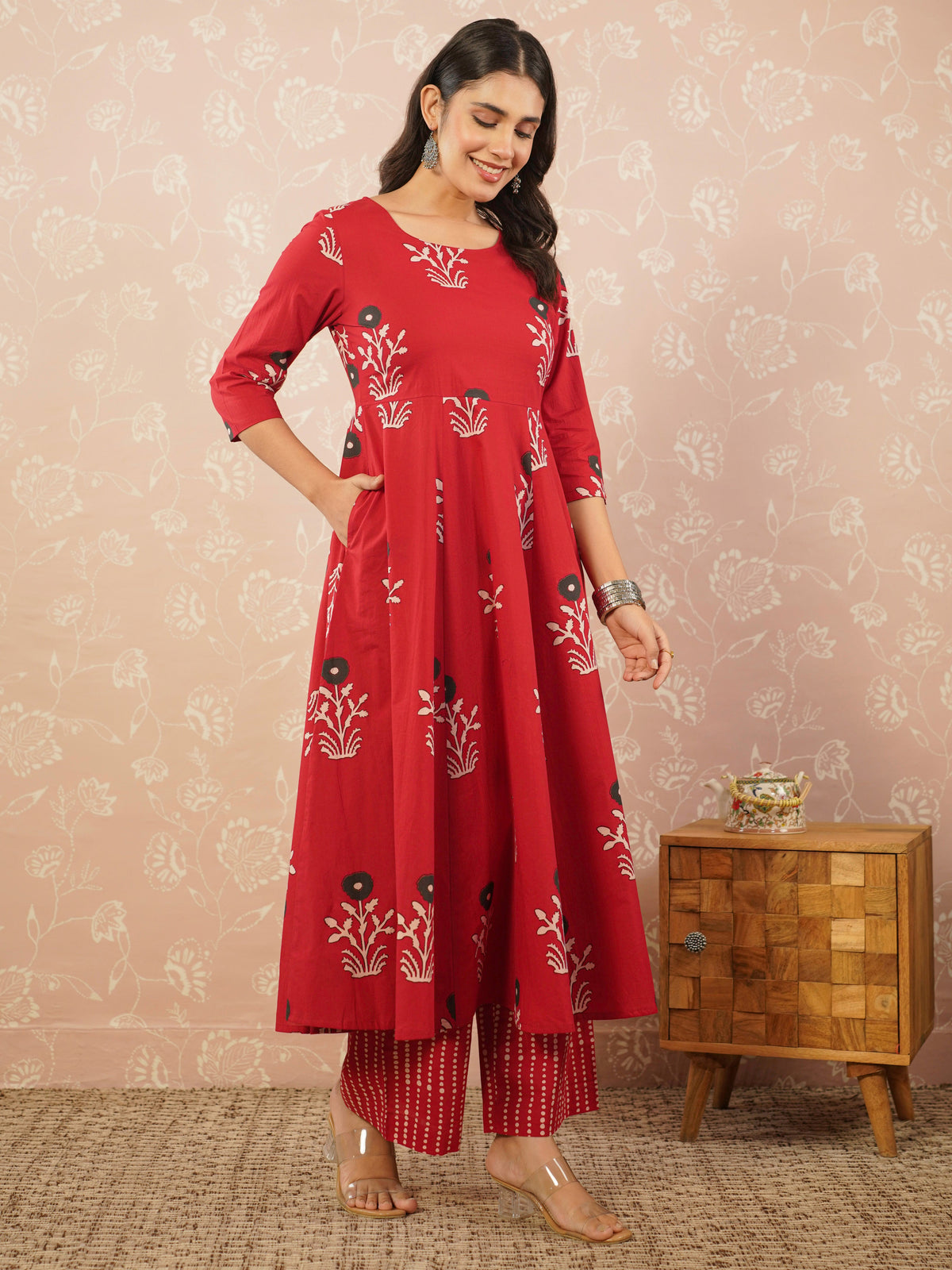 soft cotton floral red kurta