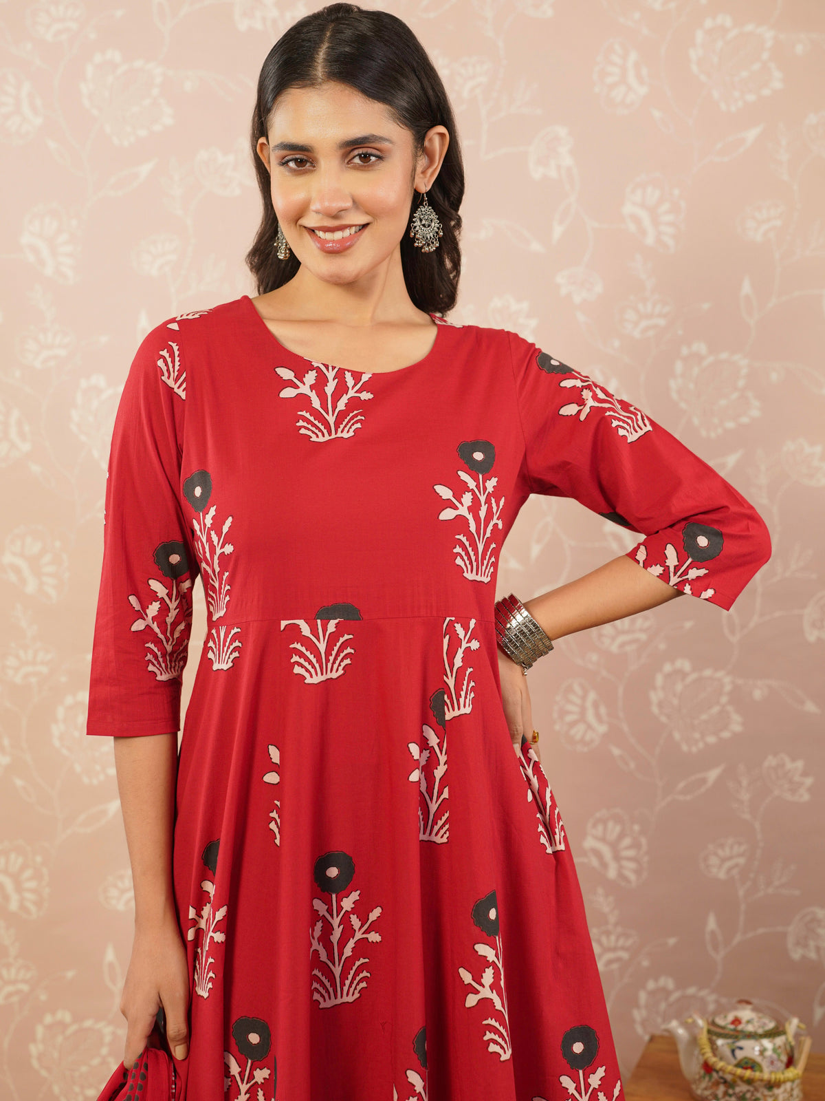 soft cotton floral red kurta