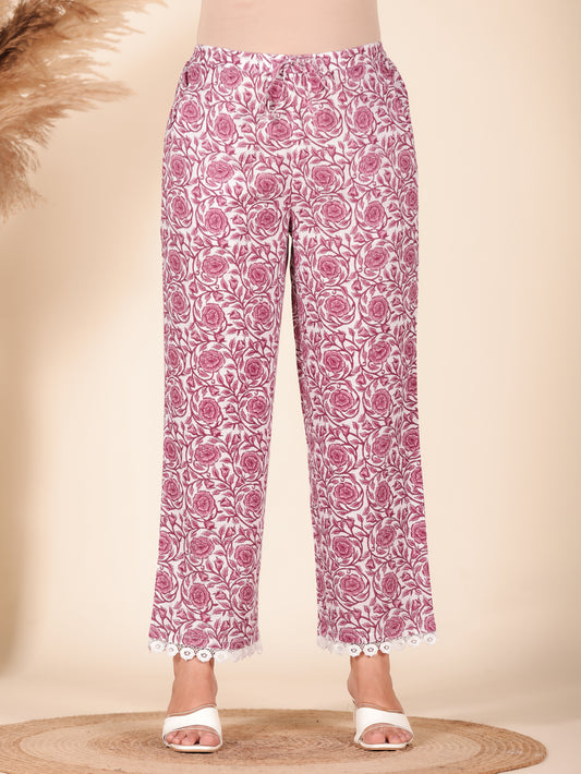 Embroidered Soft Cotton Geometric White Straight Trousers
