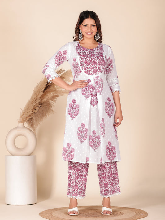 Soft Cotton Block A-line White Kurta
