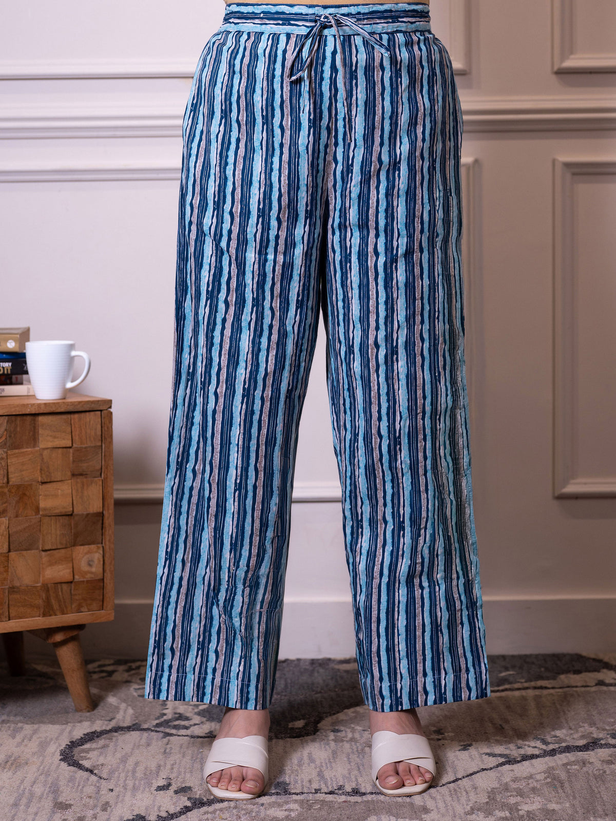 Soft cotton Striped Indigo blue Straight Trousers