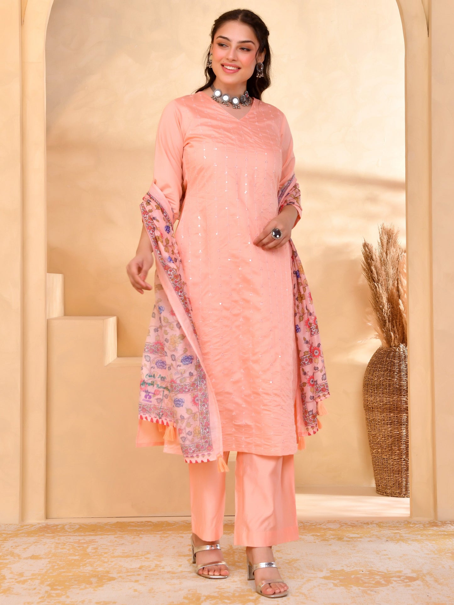 Chanderi Floral Peach Dupatta