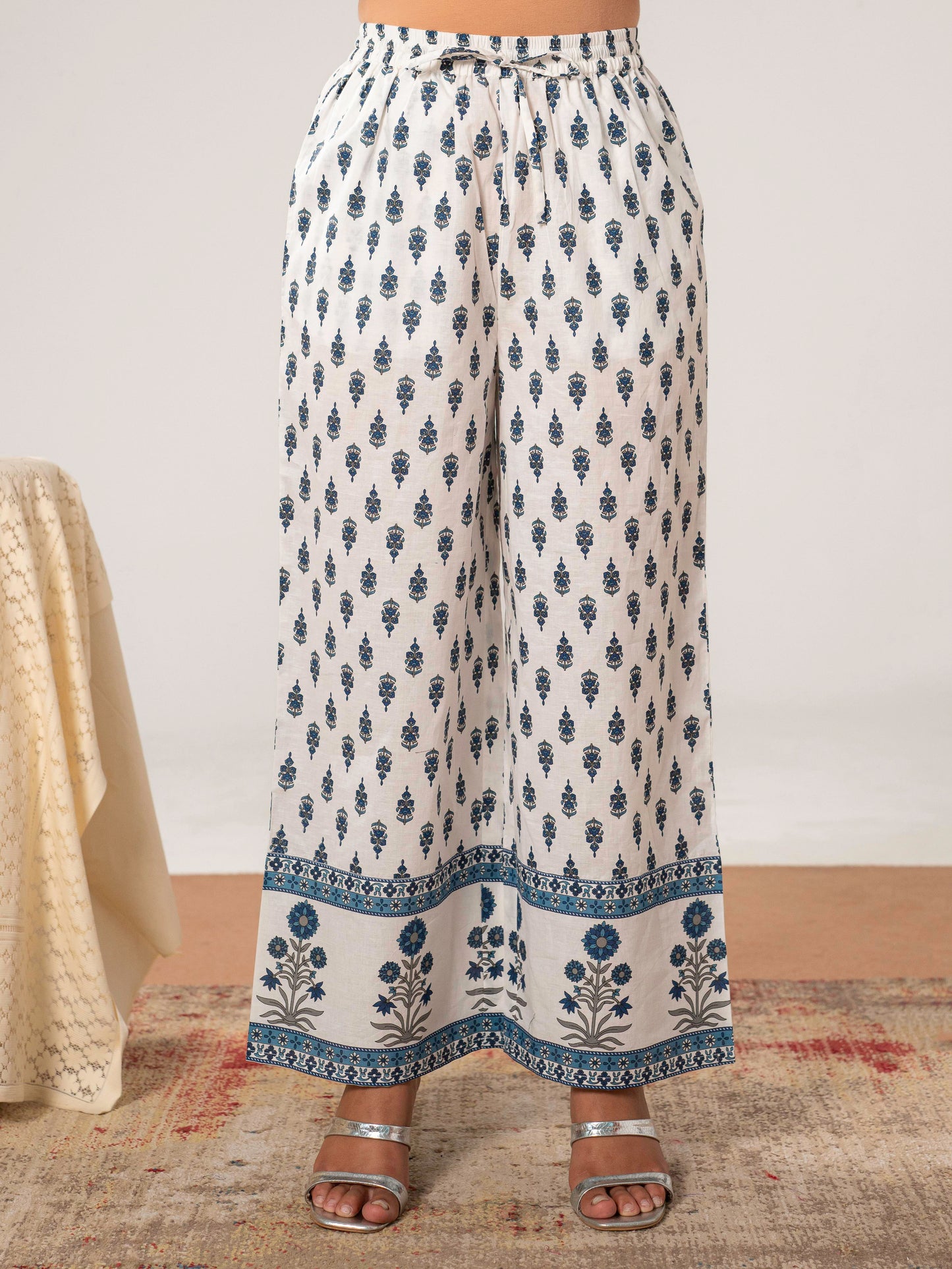 Soft cotton Floral Off White Palazzo Trousers